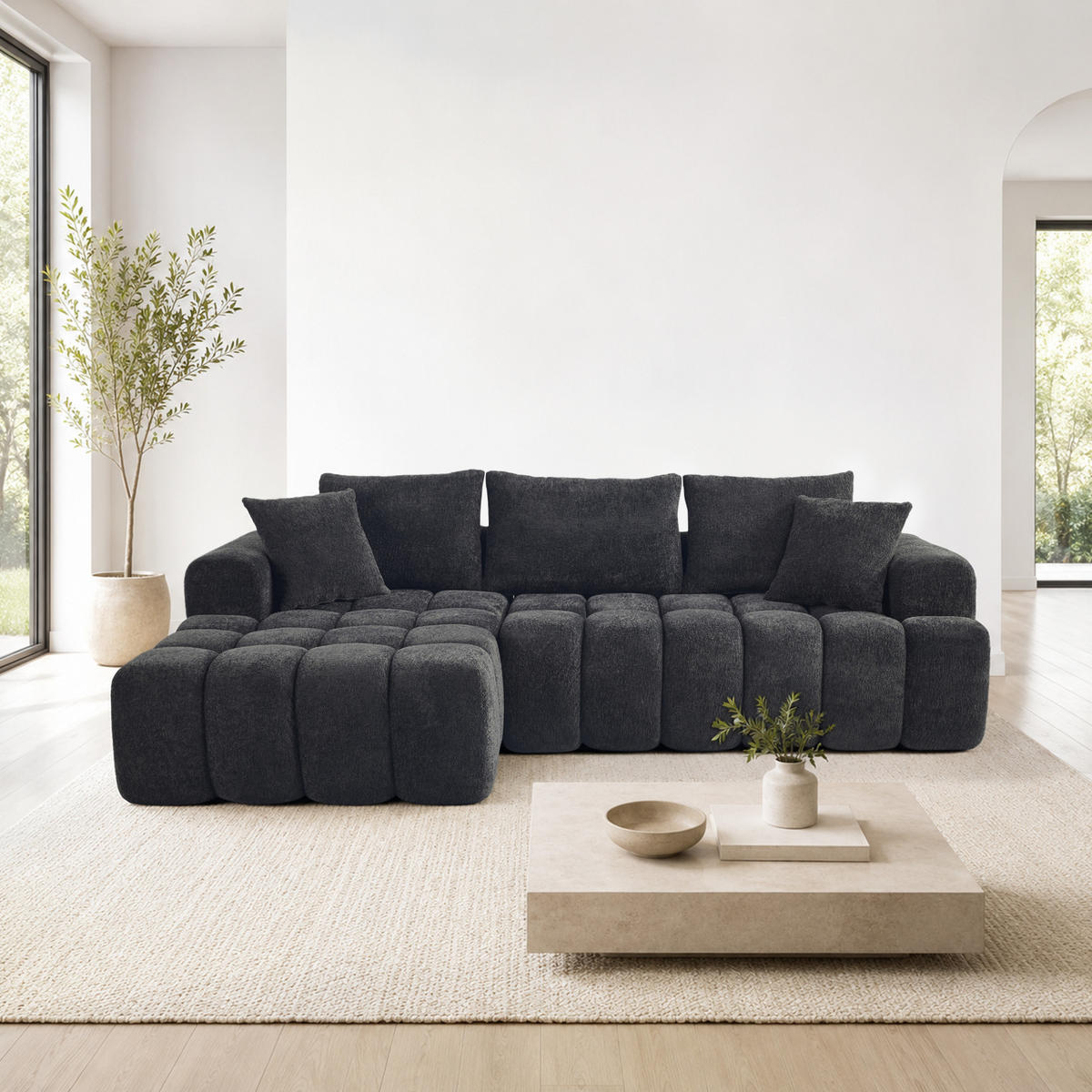 ECKSOFA L-Form 3-Sitzer in Dunkelgrau aus Samt mit linker Chaiselongue - Dunkelgrau, Textil (250/160cm) - CHICFURN
