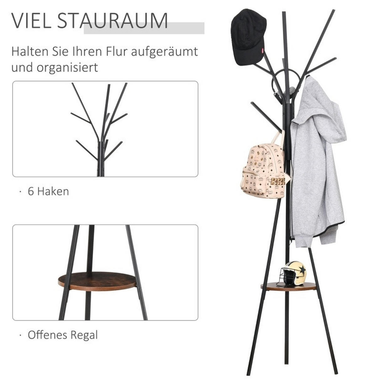 GARDEROBENSTÄNDER 45/45/180 cm mit 3 Kleiderstangen, 8 Haken und Ablage, Metall und Holz, Braun - Braun, Holzwerkstoff (45/180/45cm) - Redom