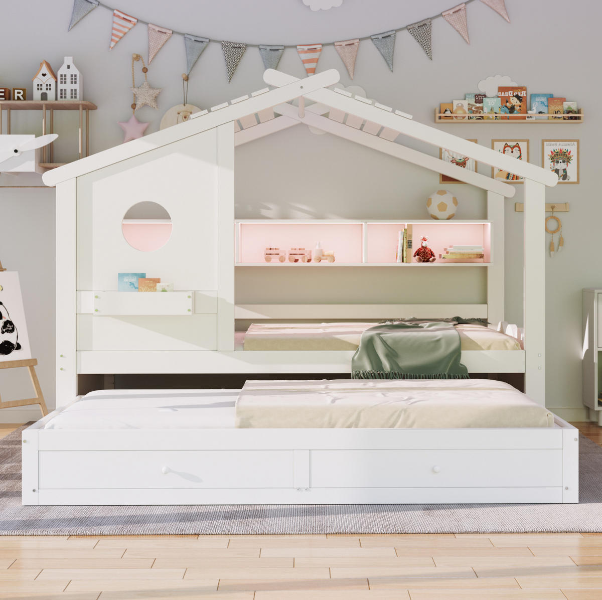 KINDERBETT 90/200 cm mit Ausziehbett 90/190, LED, USB- und USB-C-Anschluss, Schubladen, Weiß - Weiß, Holzwerkstoff (90/200cm) - Redom