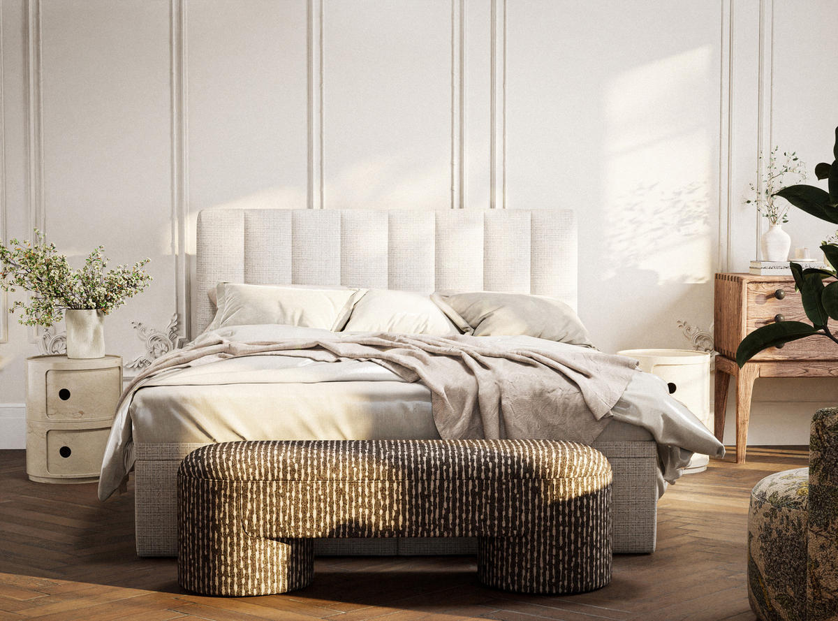 BOXBETT 140/200 cm Lovage M, in Beige, Matratze, gepolstertes Kopfteil, Bettkasten, H3 = fest - Beige/Schwarz, Holz/Holzwerkstoff (140/200cm) - Maison de Reve