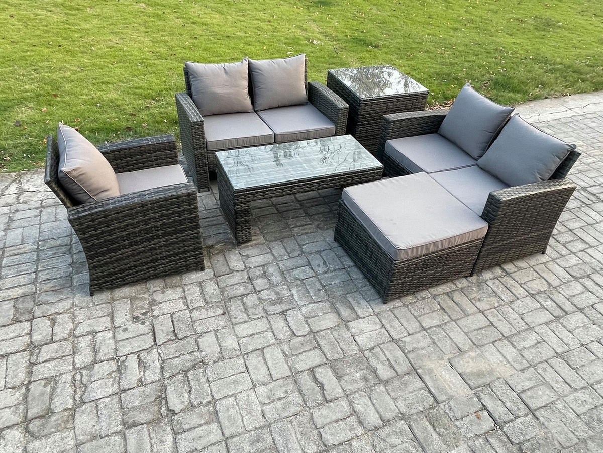 GARTENMÖBEL-SET MIT COUCHTISCH HOCKER BEISTELLTISCH Polyrattan Dunkelgrau Gemischt 8-Sitzer - Dunkelgrau, Metall - Fimous