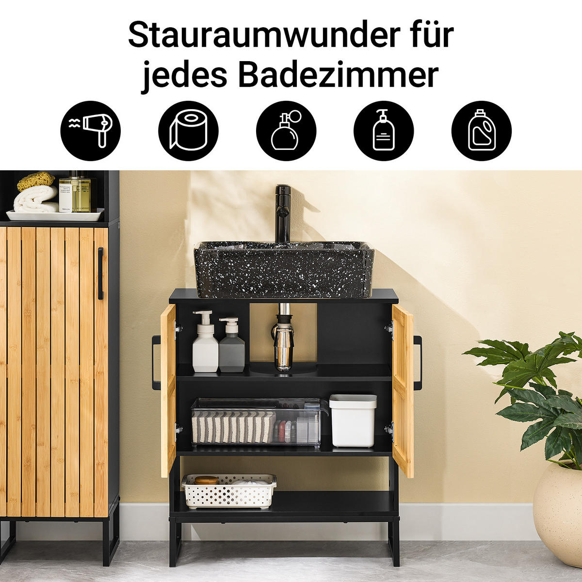 WASCHBECKENUNTERSCHRANK Schwarz - Schwarz, Holzwerkstoff (60/70/30cm) - SoBuy