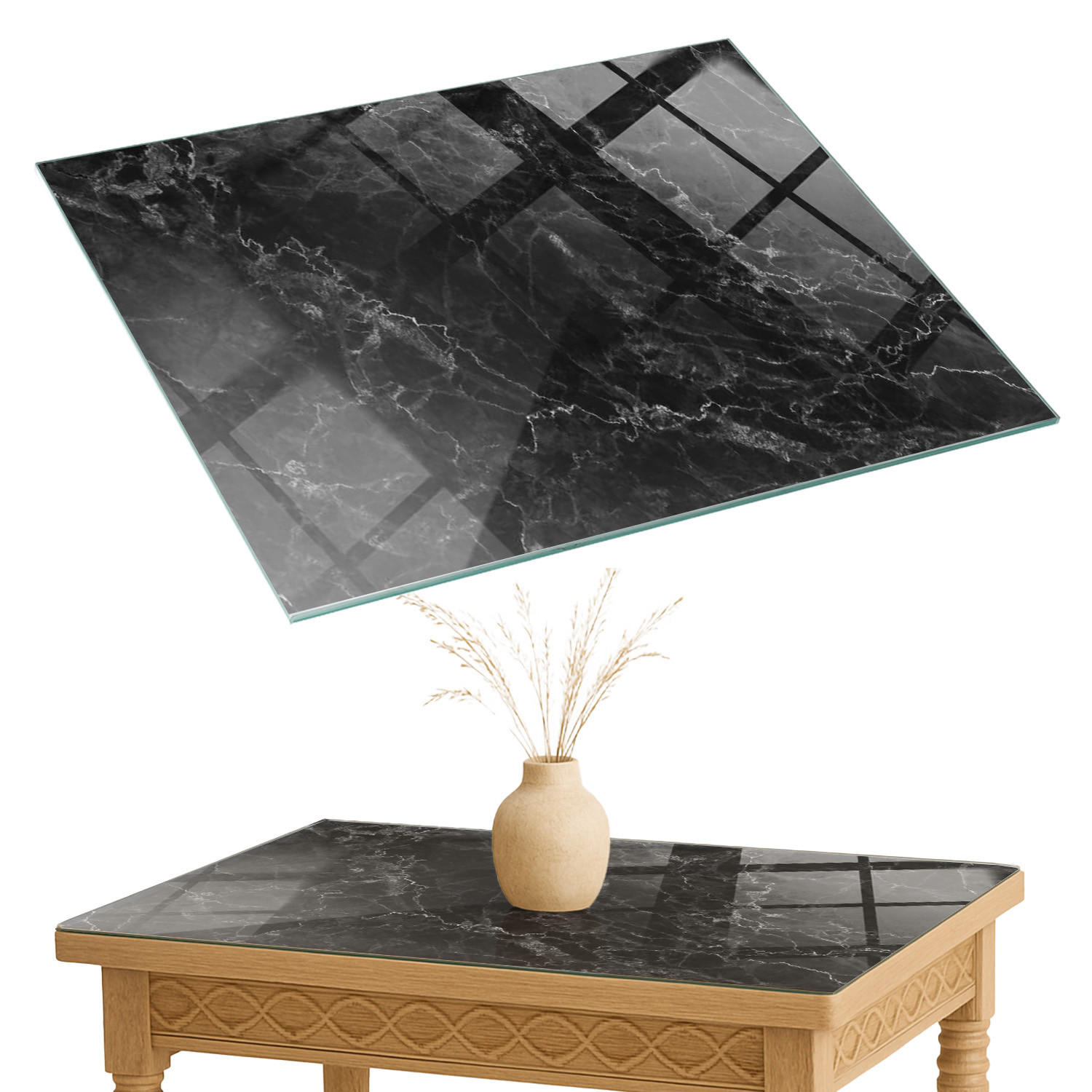 TISCHPLATTE 80x60 cm Marmormuster mit Adern - Schwarz, Glas (0.4/80/60cm) - TULUP