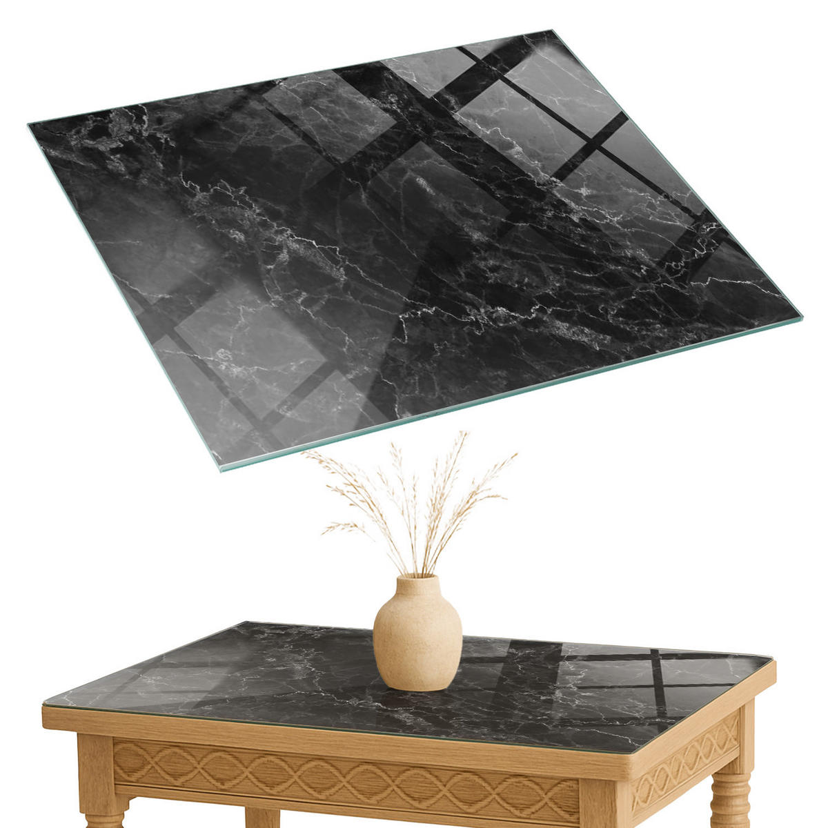 TISCHPLATTE 80x60 cm Marmormuster mit Adern - Schwarz, Glas (0.4/80/60cm) - TULUP