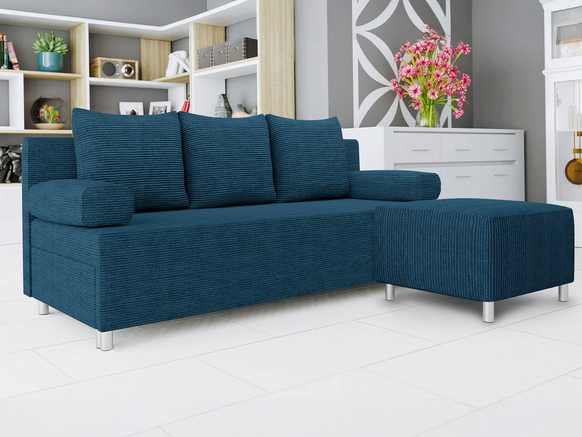 SCHLAFSOFA Dover Cord mit Polsterhocker - Chromfarben/Blau, Holz/Kunststoff (192/80cm) - MIRJAN24