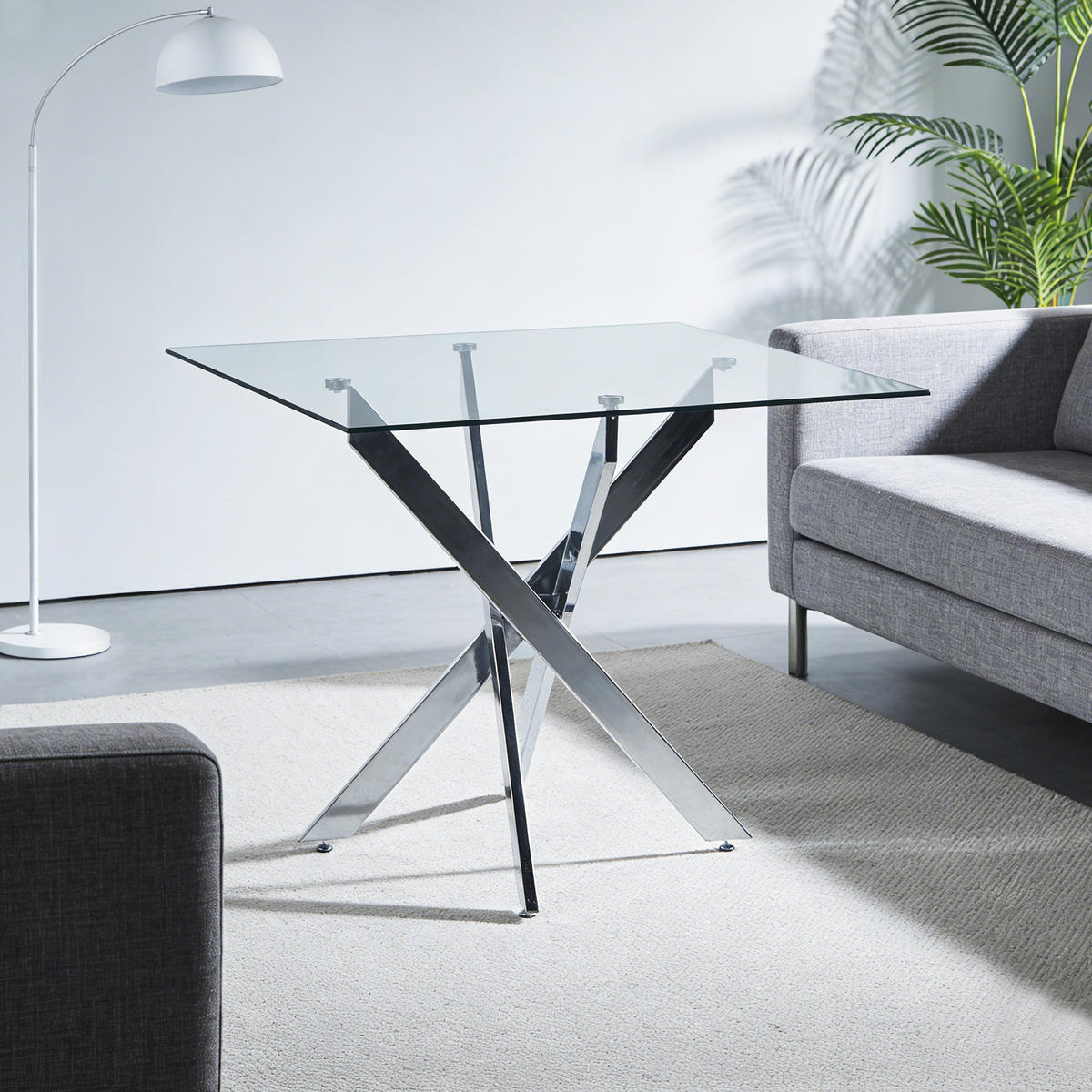 ESSTISCH 80/80/75 cm silber aus Glas mit Metallkreuzgestell - Silberfarben, Metall (80/80/75cm) - OKWISH