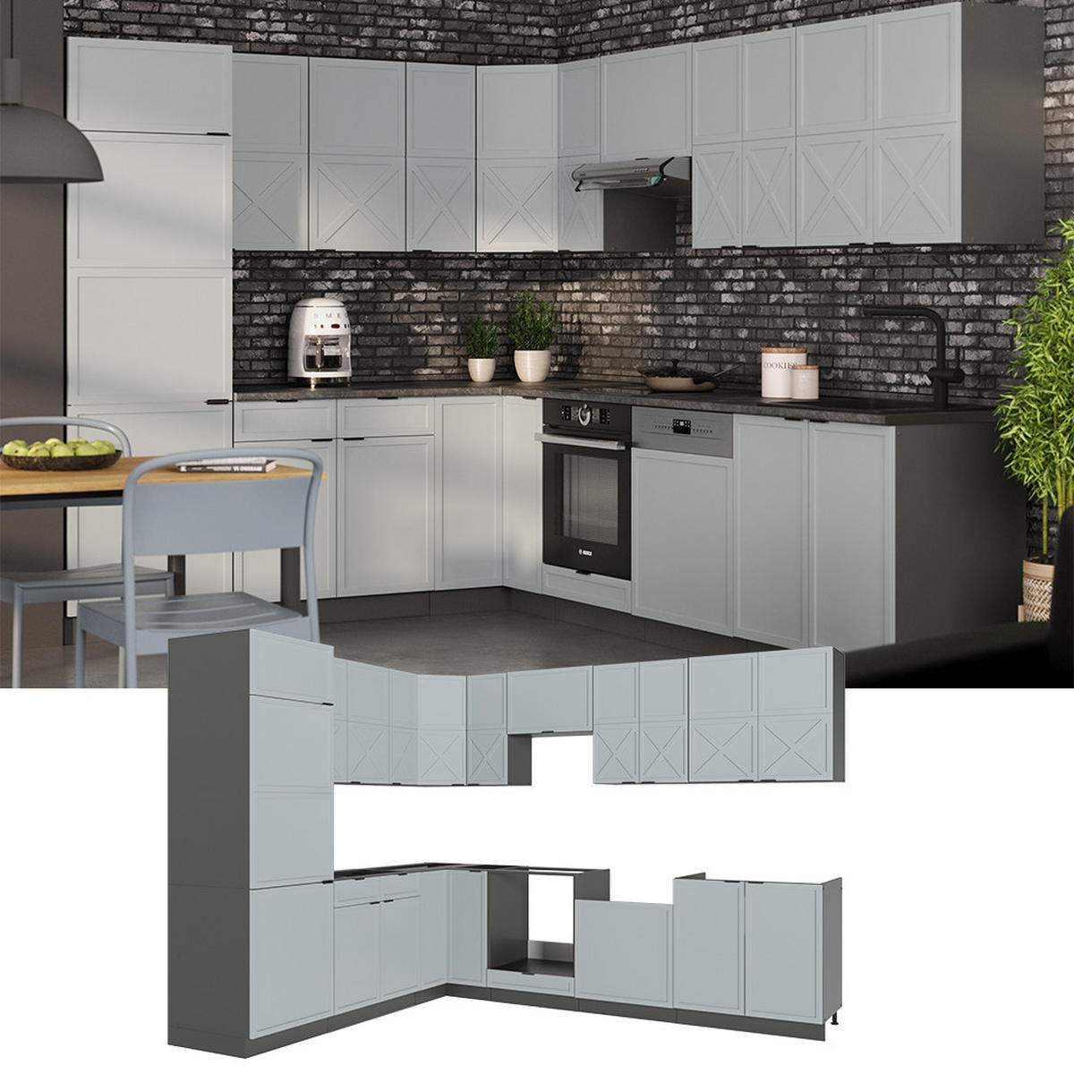 ECKKÜCHE Fame-Line Hellblau-grau/Anthrazit 227 x 60 cm ohne AP - Anthrazit/Hellblau, Holzwerkstoff (287/81.6/46cm) - Vicco