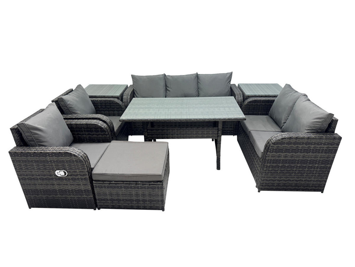 Gartenmöbelset mit Esstisch,3-Sitzer Sofa,Beistelltisch,Hocker Polyrattan Dunkelgrau 8-Sitzer - Dunkelgrau/Grau, Glas/Kunststoff - Fimous