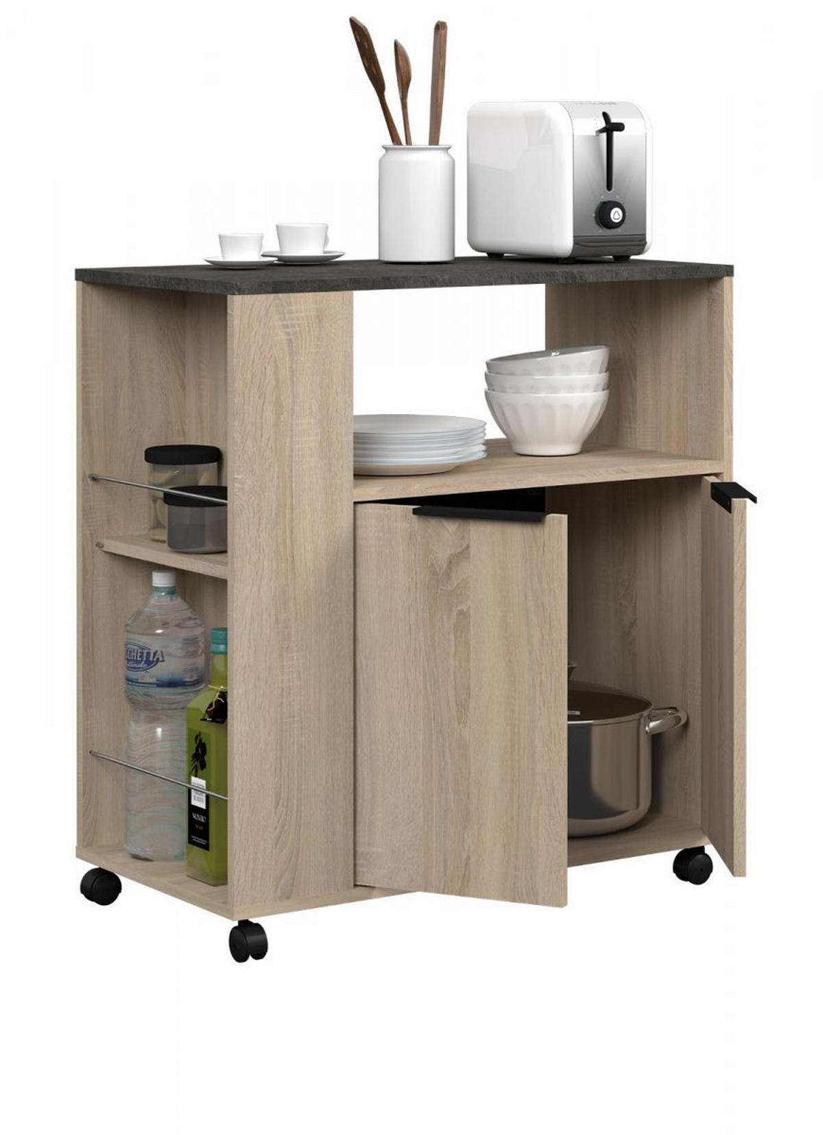 MINIKÜCHE Eiche, grau, Set 3-teilig mit Buffet, Kücheninsel und Schrank - Eichefarben/Schwarz, Holzwerkstoff/Kunststoff (284/184/80cm) - Parisot Meuble