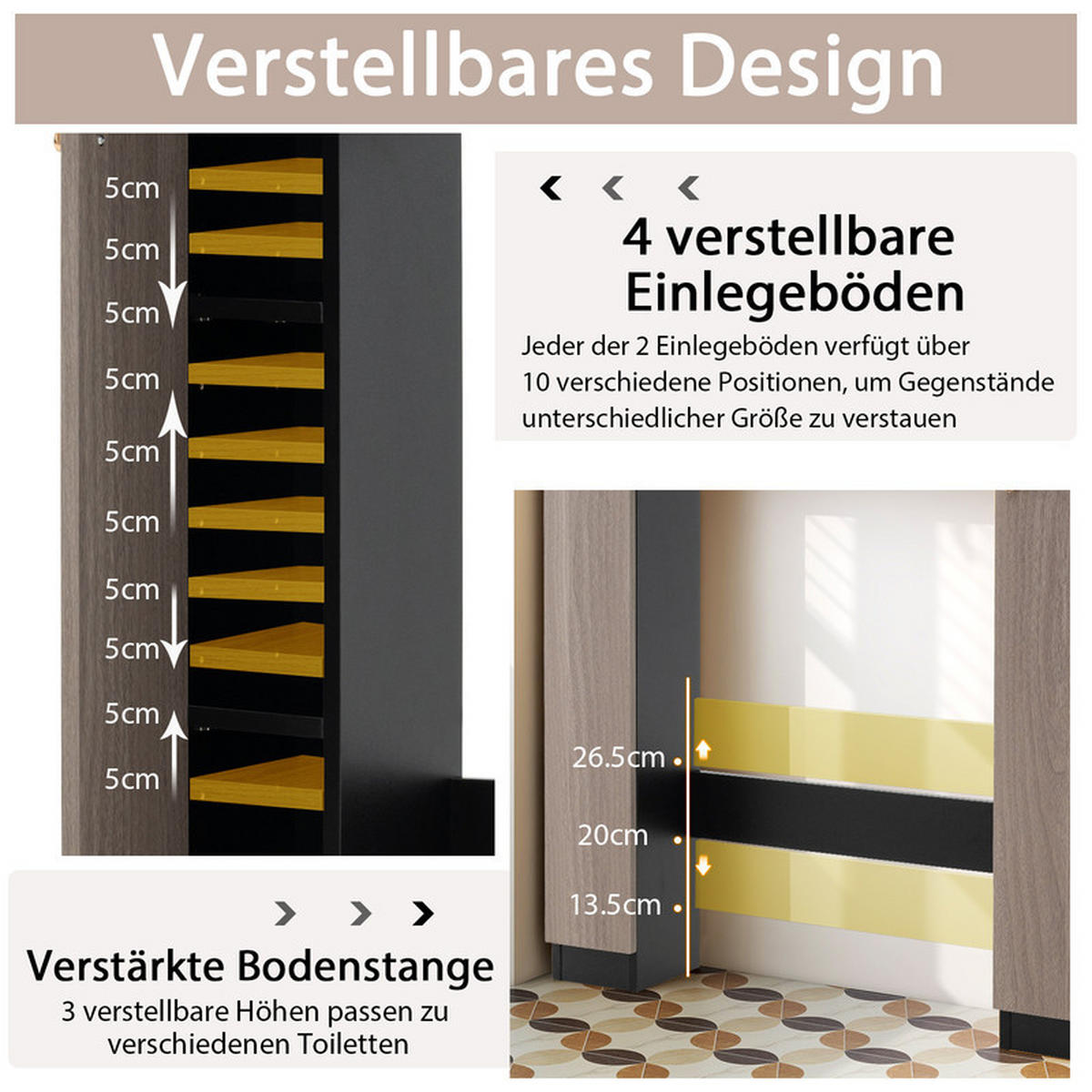 TOILETTENREGAL mit höhenverstellbaren Regalböden schwarz - Schwarz, Holzwerkstoff (87.5/98/18cm) - COSTWAY