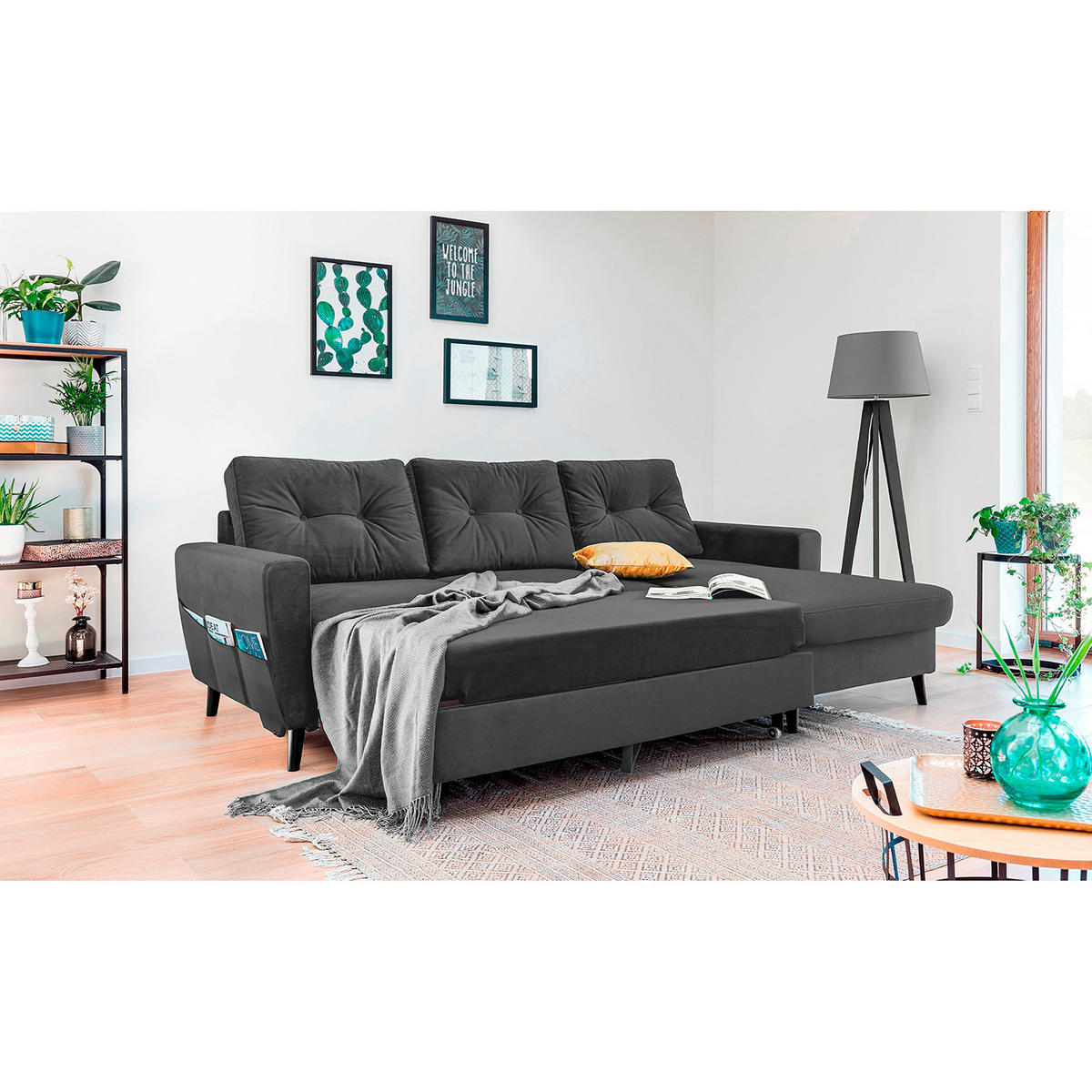 ECKSOFA mit Longchair - Dunkelgrau/Schwarz, Buchenholz/Textil (233/148cm) - home24