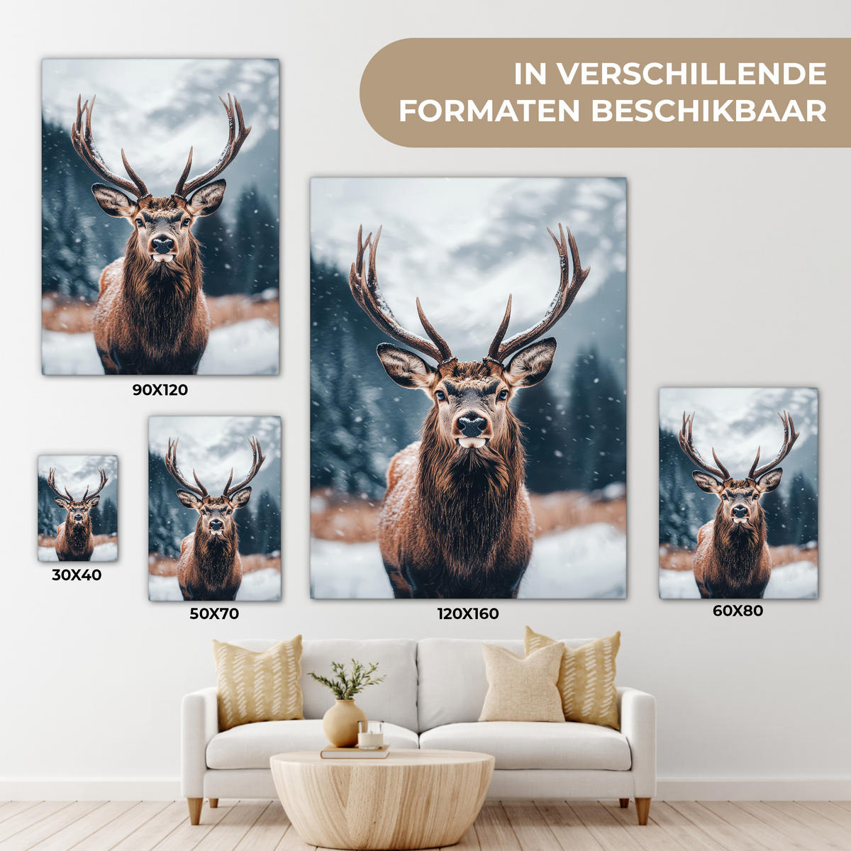 LEINWANDBILD Hirsche - Tiere - Landschaft - Winter - Schnee 30x40 cm - Kastanienfarben, Textil (30/40cm) - MuchoWow