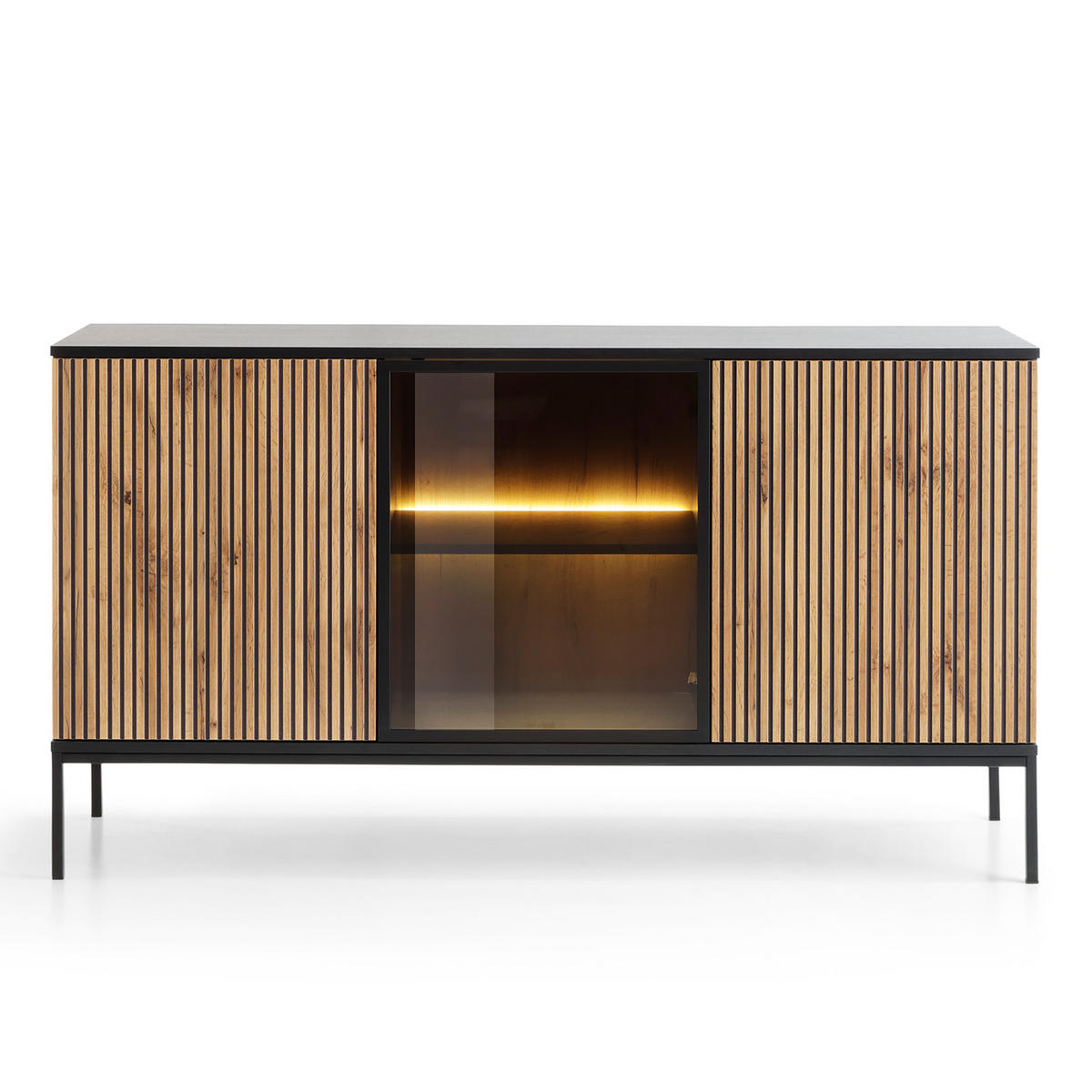 SIDEBOARD SENTIERO 154/83/39 cm 3 Türen Schwarz - Eiche Wotan/Schwarz, Holzwerkstoff (154/83/39cm) - MASSENO