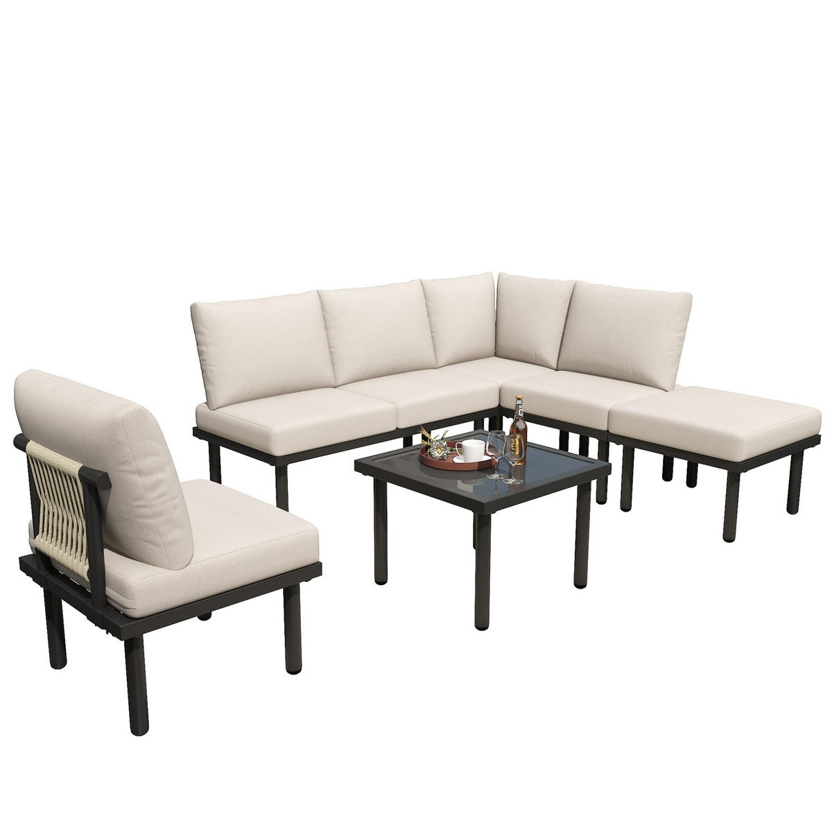 GARTEN-LOUNGESESSEL-SET 6-teilig aus Olefin und verzinktem Stahl mit Glastischplatte und verstellbaren Füßen, Beige - Beige, Metall - Redom