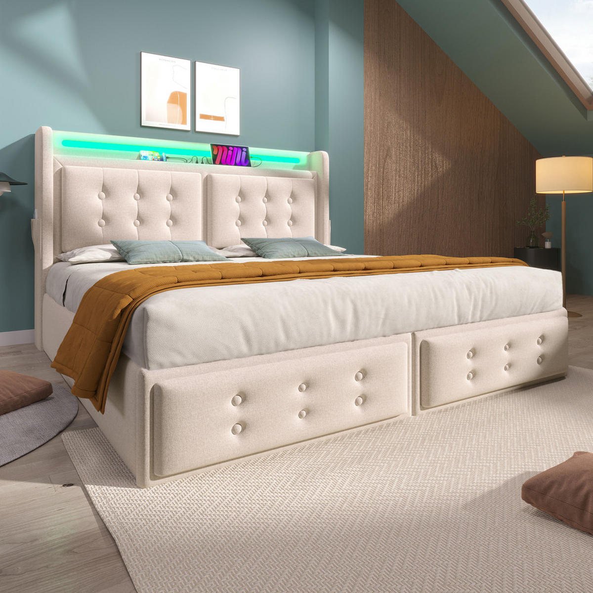 POLSTERBETT 160x200cm Doppelbett LED-Kopfteil USB-C Hydraulik Beige - Beige, Holz - FLIEKS