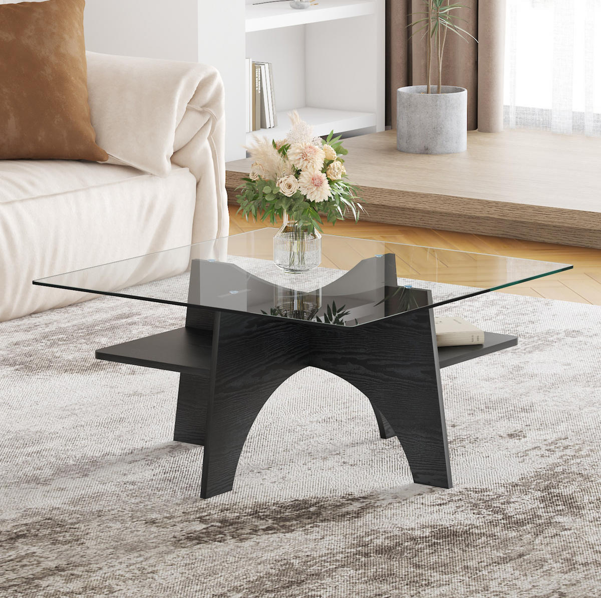 COUCHTISCH 80/80/40 cm mit Ablagefach und Sicherheitsglasplatte, MDF in schwarzer Holzoptik/Transparent - Schwarz, Holzwerkstoff (80/80/40cm) - Redom