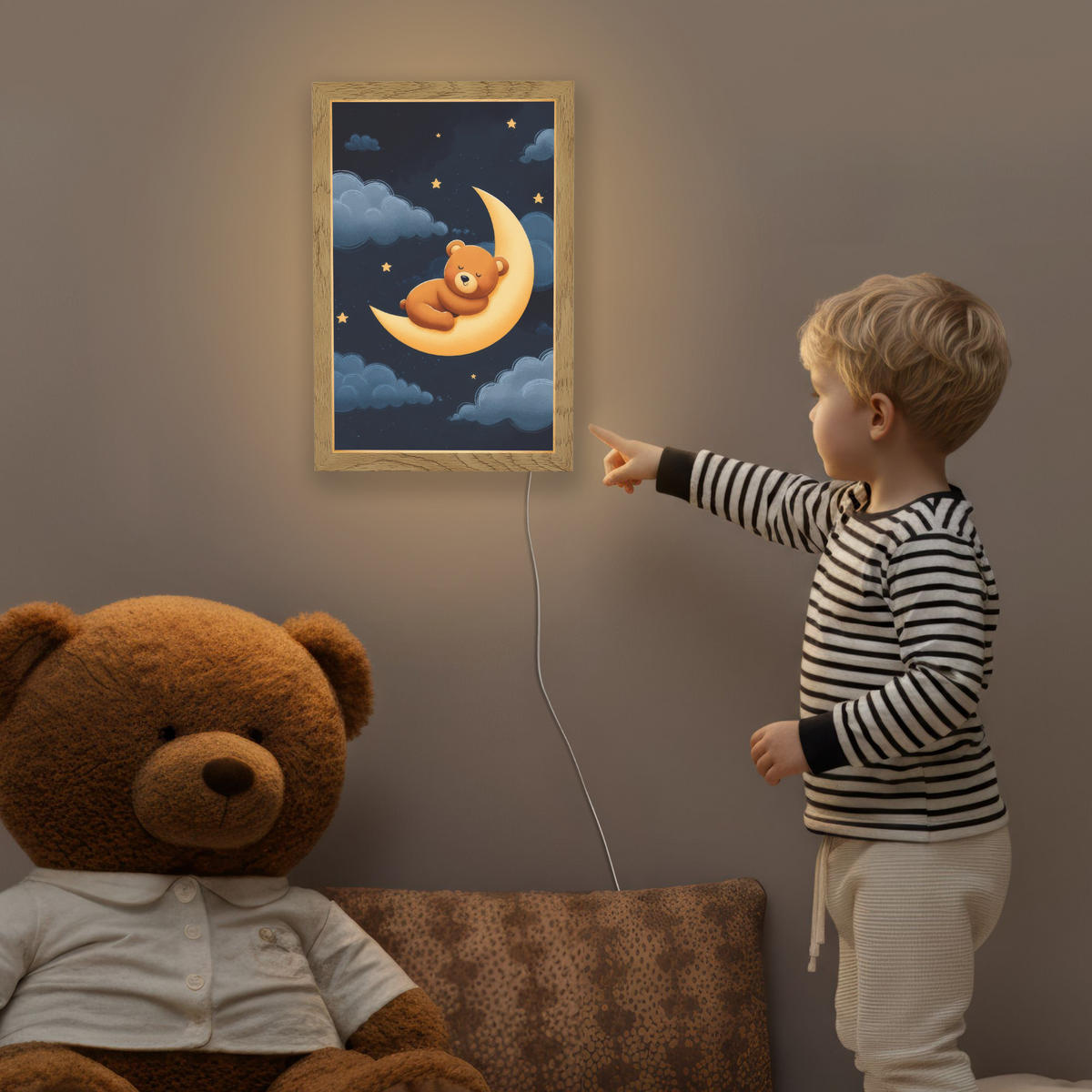 NACHTTISCHLAMPE Teddybär - Mond - Wolken - Sterne 20x30 cm - Dunkelblau, Holzwerkstoff (8/20/30cm)