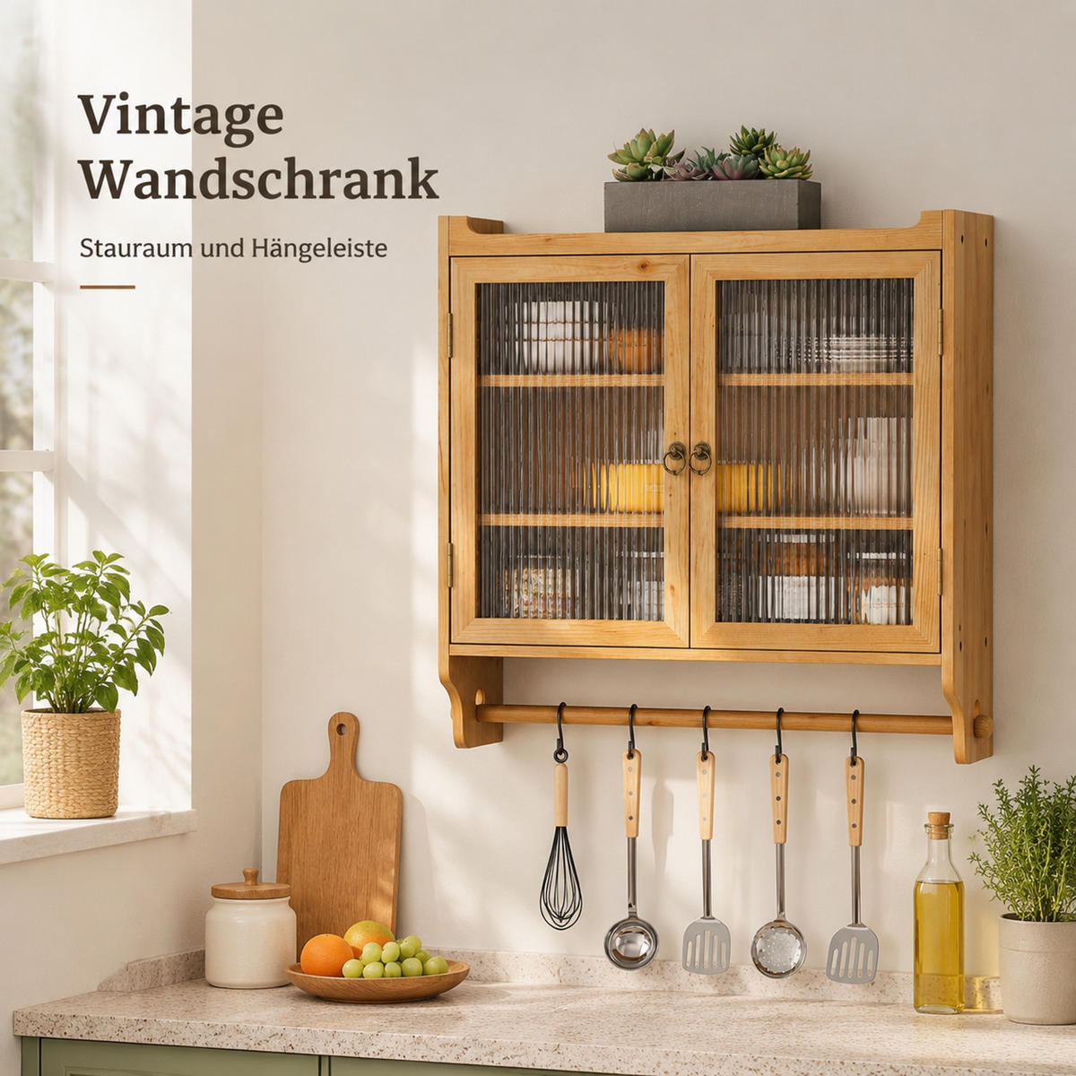 KÜCHENOBERSCHRANK 63/18/60 cm aus Massivholz und MDF mit geriffeltem Glas und Handtuchhalter Natur - Naturfarben, Holzwerkstoff (63/60/18cm) - Modenvie