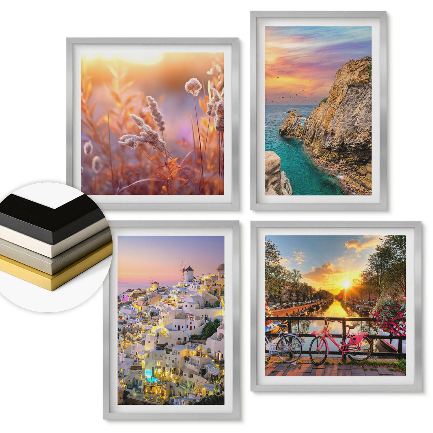 WANDBILDER 4er Set - 50x50 cm & 40x60 cm Silberner Rahmen - Sonnenuntergänge am Meer - Silberfarben, Kunststoff (50/50cm) - ArtPrintCave