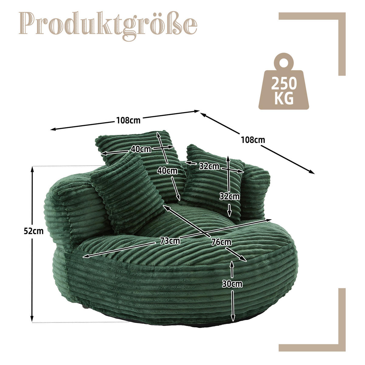 SITZSACK in Chenille mit 3 Kissen - Grün, Textil (108/52/108cm) - Urban Meuble