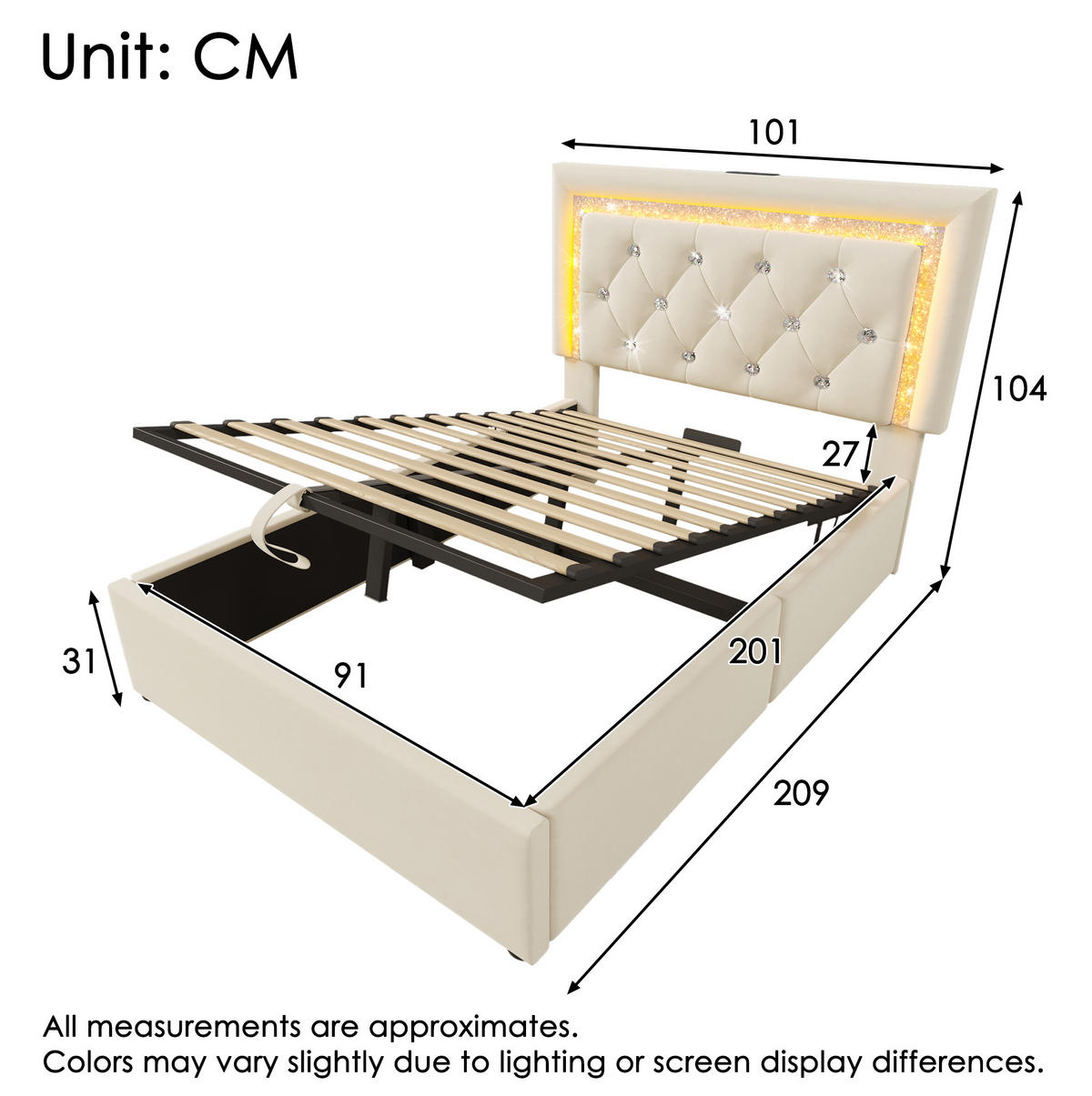 POLSTERBETT aus Samt 90x200 cm in Beige mit LED & Matratze - Beige, Textil (90/200cm) - Modfu