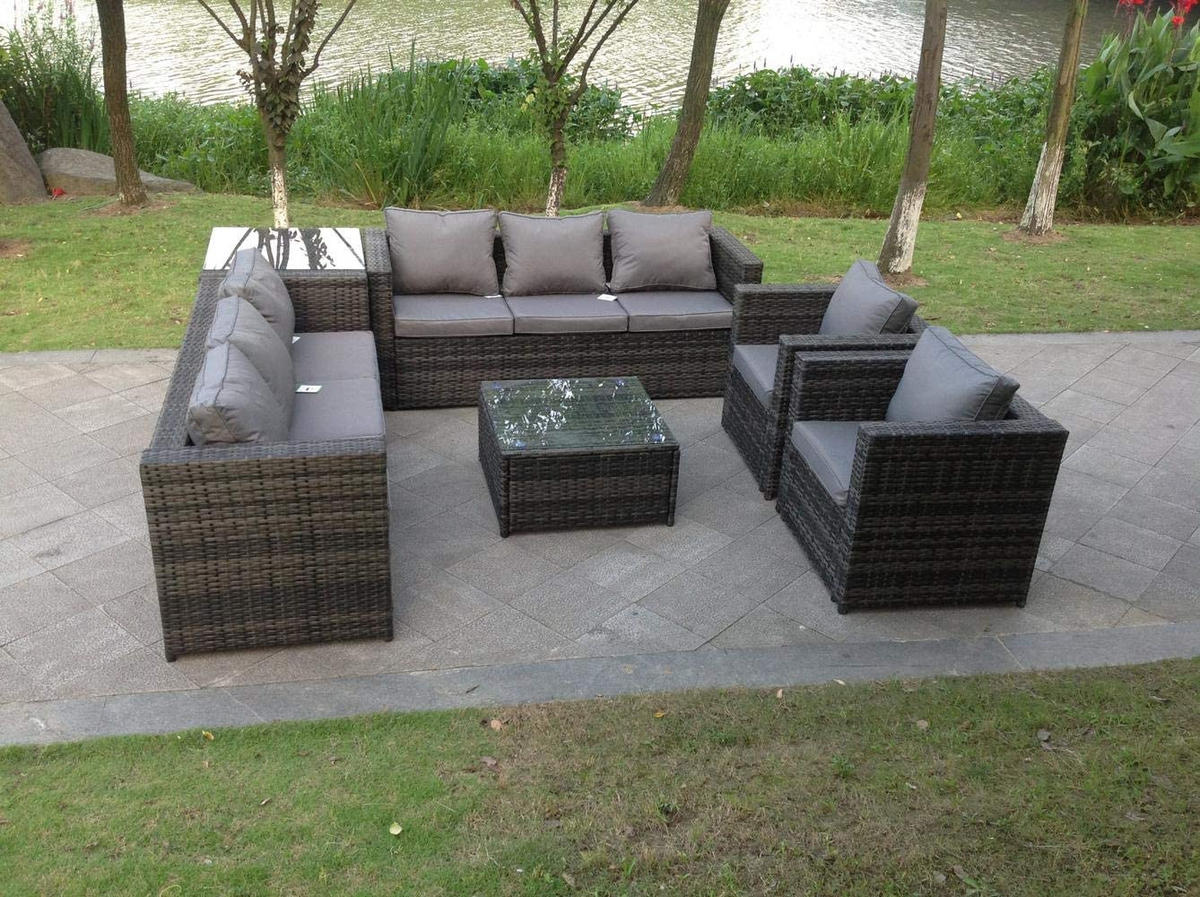 SITZGRUPPE Polyrattan 8-Sitzer - Dunkelgrau/Grau, Glas/Kunststoff - Fimous