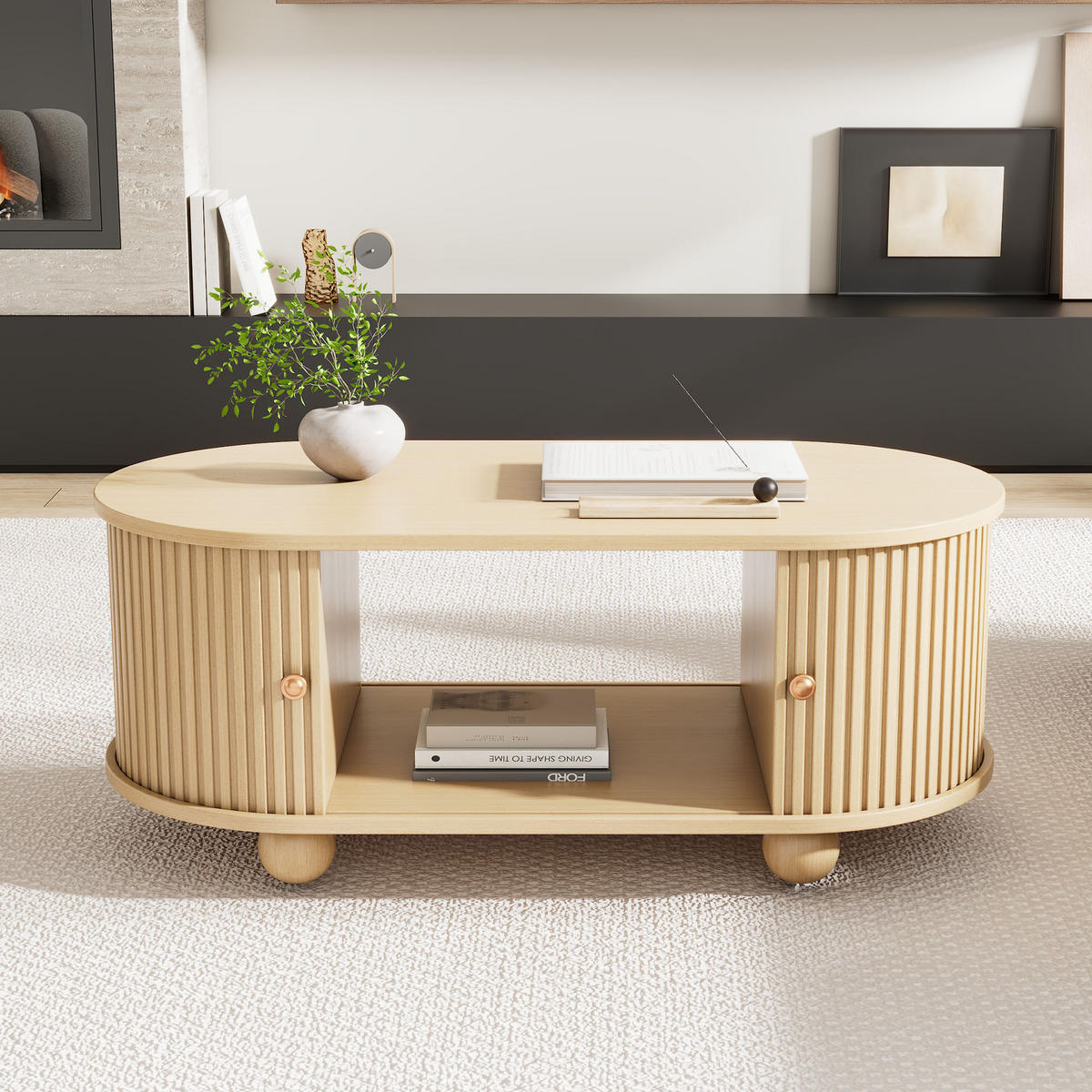 COUCHTISCH Oval Stauraum Schiebetüren Holzfarben Multifunktion - Naturfarben, Holzwerkstoff (100/50/40cm) - FLIEKS