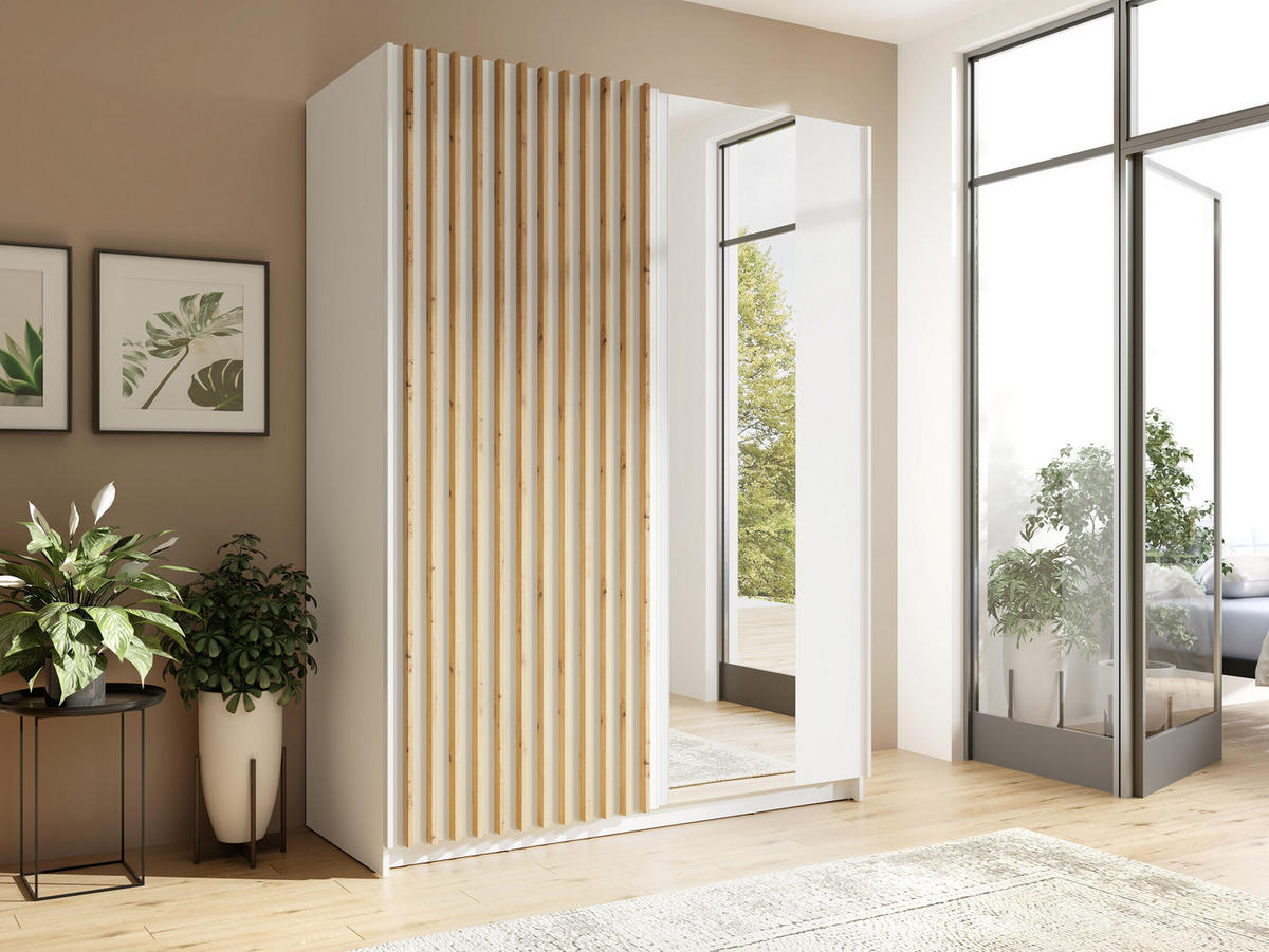 SCHIEBETÜRENSCHRANK DIVORA 10 -150,6×198,5×55 cm mit Spiegel, Regalen & Kleiderstange Weiß - Weiß, Holz/Holzwerkstoff (150.6/198.5/55cm) - Milaros Markt