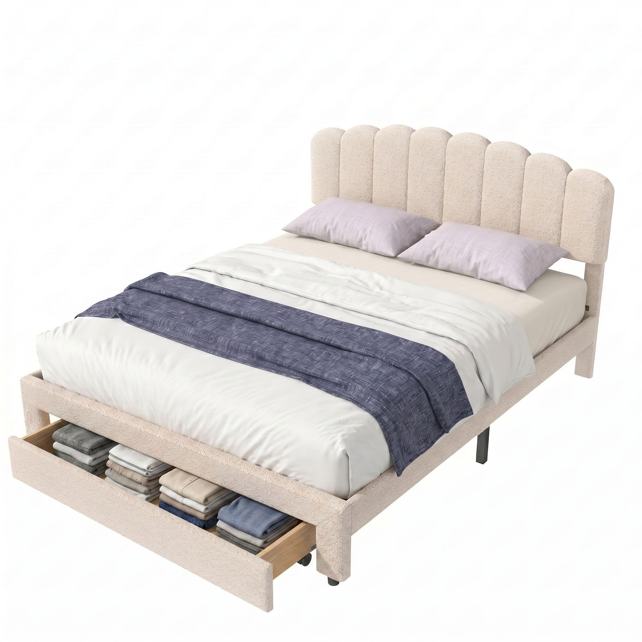 POLSTERBETT 140/200cm, mit Schubladen, USB-A/C Ladefunktion, Lattenrost aus Holz, sherpa gepolstertes Bett, Beige - Beige, Holzwerkstoff (140/200cm) - Brevoria