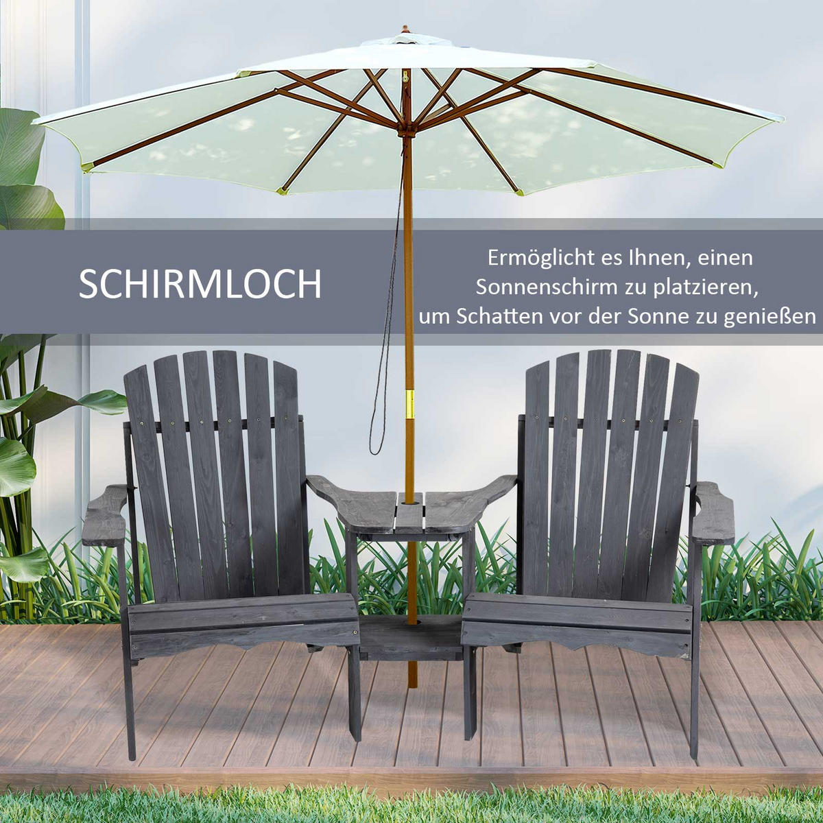 ADIRONDACK, Gartenstuhl mit Tisch und Schirmloch, 2 Sitzer Gartensessel, Sitzgruppe, Massivholz, Dunkelgrau, 178 x 87 x 93 cm - Dunkelgrau, Holz (178/92/87cm) - Outsunny