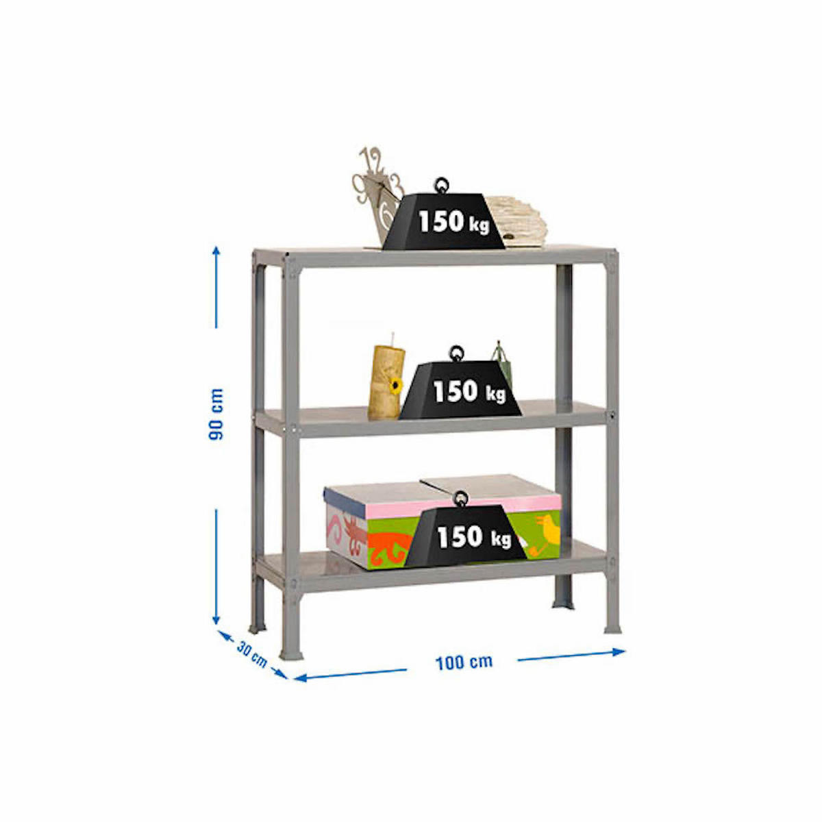 WOHNREGAL LIVING KOALA METAL mit 3 Fachböden | HxBxT 90x100x30cm | Fachlast 150kg | Grau/Grau - Grau, Metall (100/90/30cm) - PROREGAL