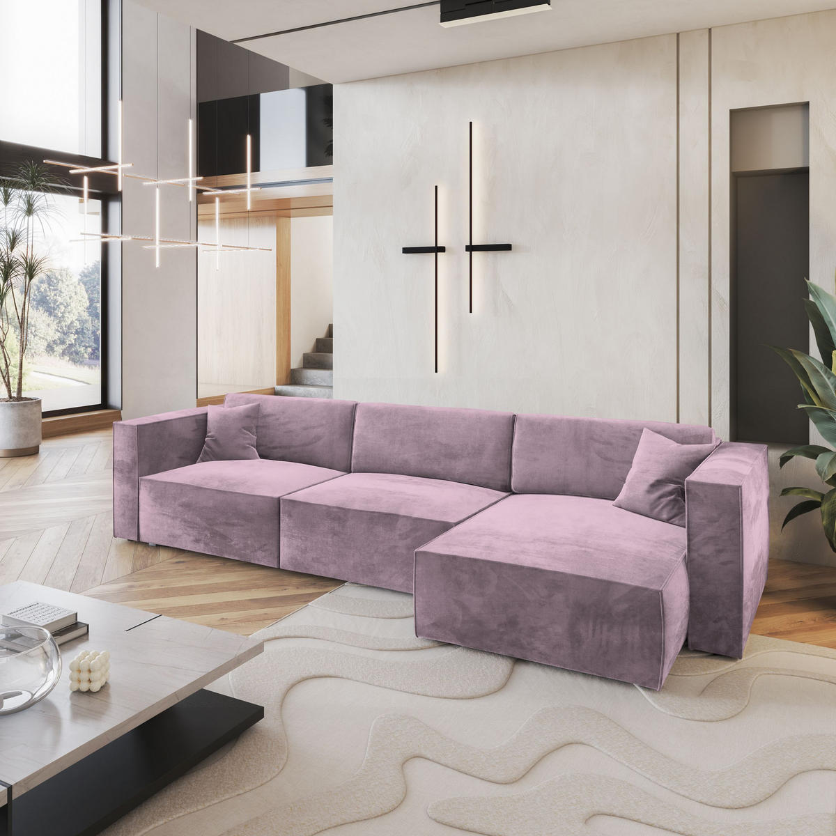 ECKSOFA TOLMO M Lila Velours-Stoff mit Schlaffunktion - Lila, Holz (347/148cm) - MASSENO