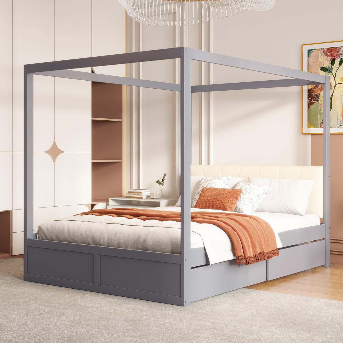 HIMMELBETT 140/200 cm grau mit großen Schubladen und gepolsterter Rückenlehne - Grau, Holz (140/200cm) - OKWISH