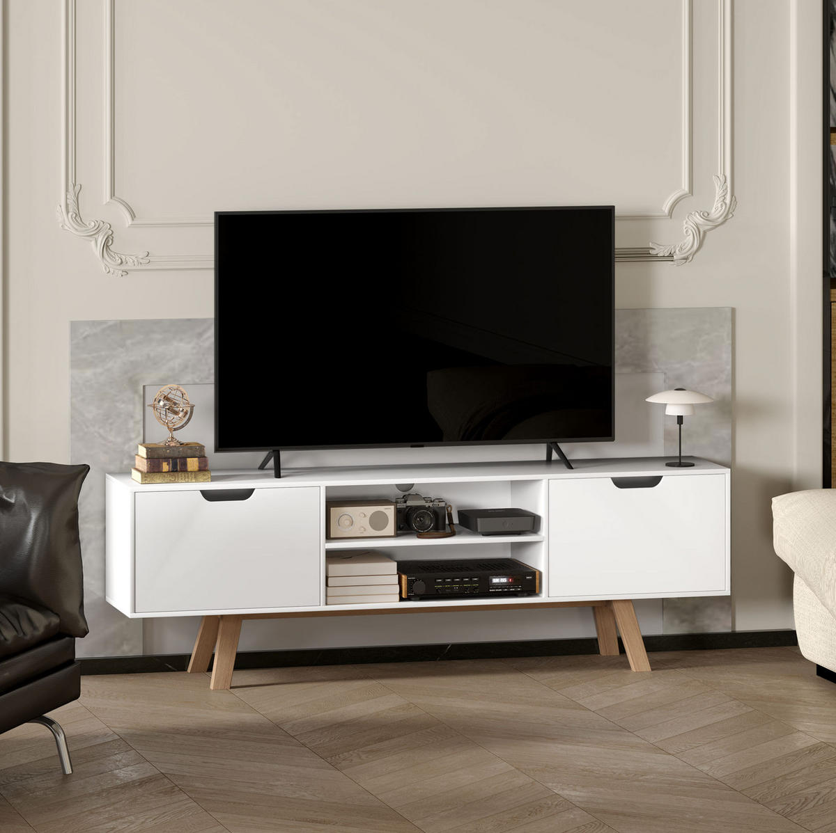 TV ormarić 150/39/50 cm bijeli od iverice s 2 ormarića i otvorenim policama - bijela, drvni materijal (150/50/39cm) - OKWISH
