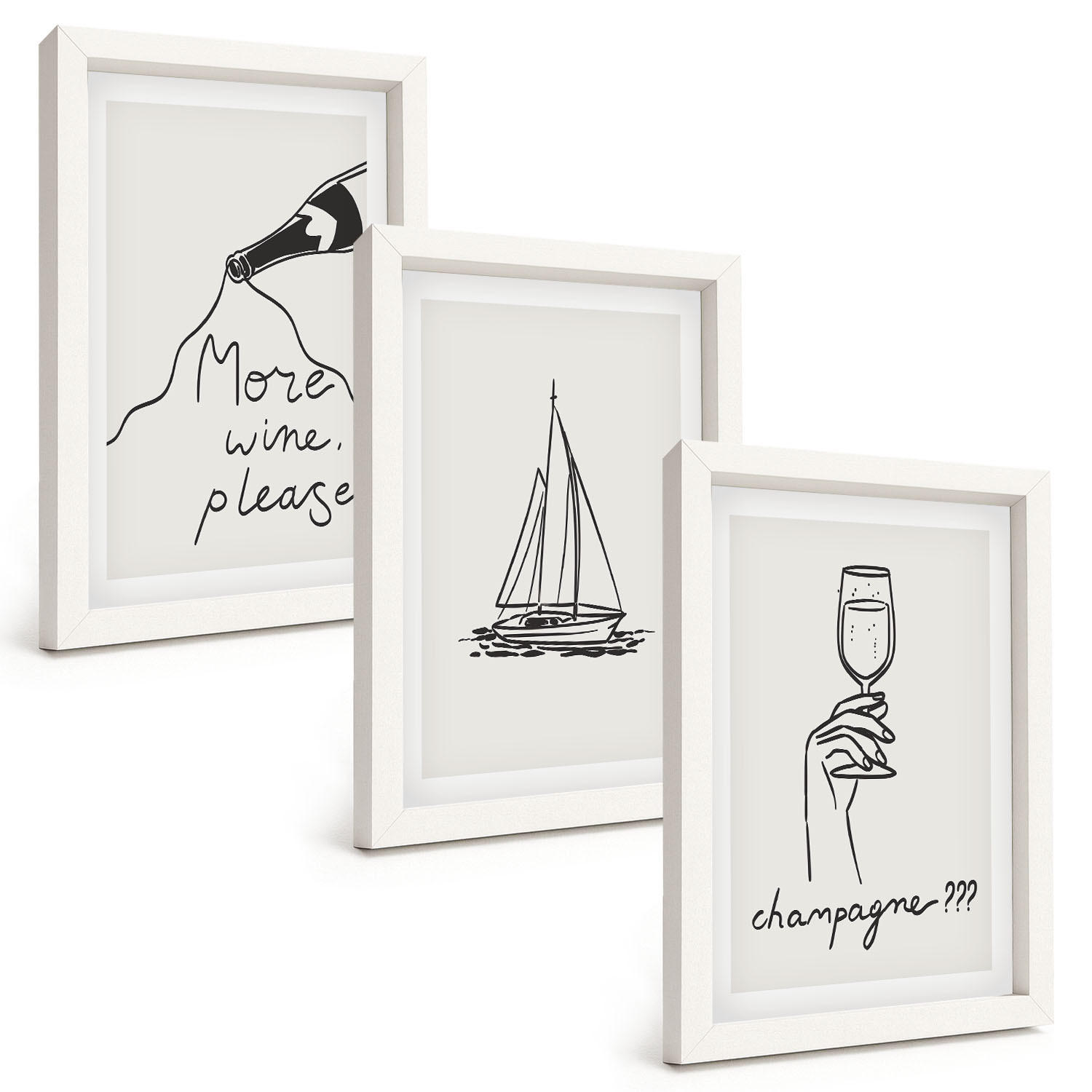 BILDER SET 3er Set - 20x30 cm Weißer Rahmen - Weinsegelboot-Glas-Linienzeichnung - Weiß, Kunststoff (20/30cm) - TULUP