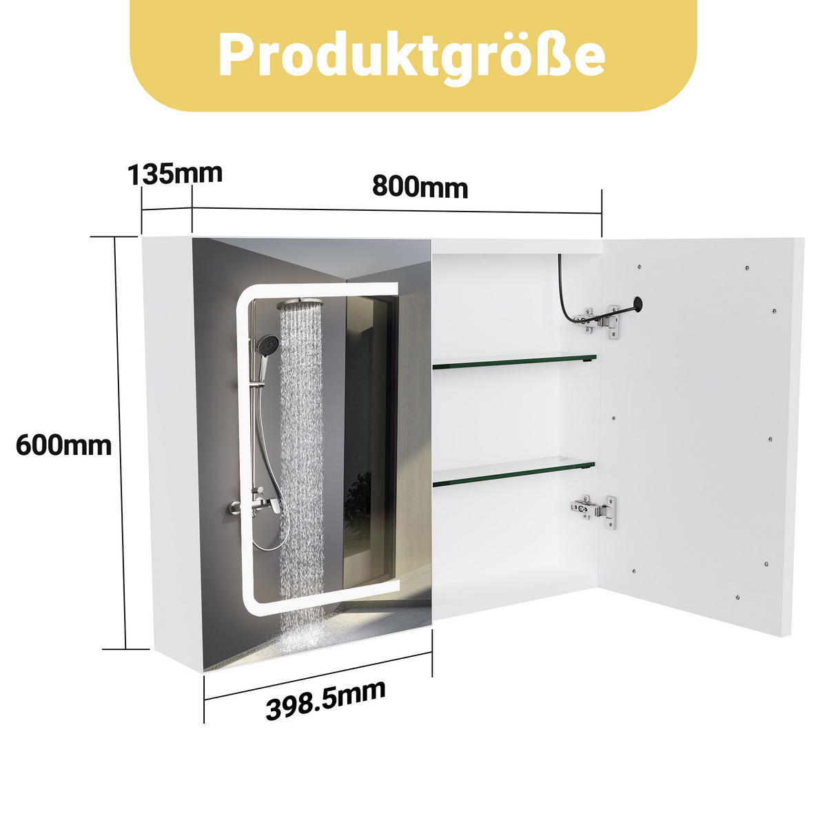 SPIEGELSCHRANK Badezimmerschrank mit LED-Beleuchtung, höhenverstellbaren Einlegeböden, drei Farbtemperaturen, Korpus, zweitüriger Schrank - Weiß, Holz/Holzwerkstoff (13.5/60/80cm) - WoodenAura