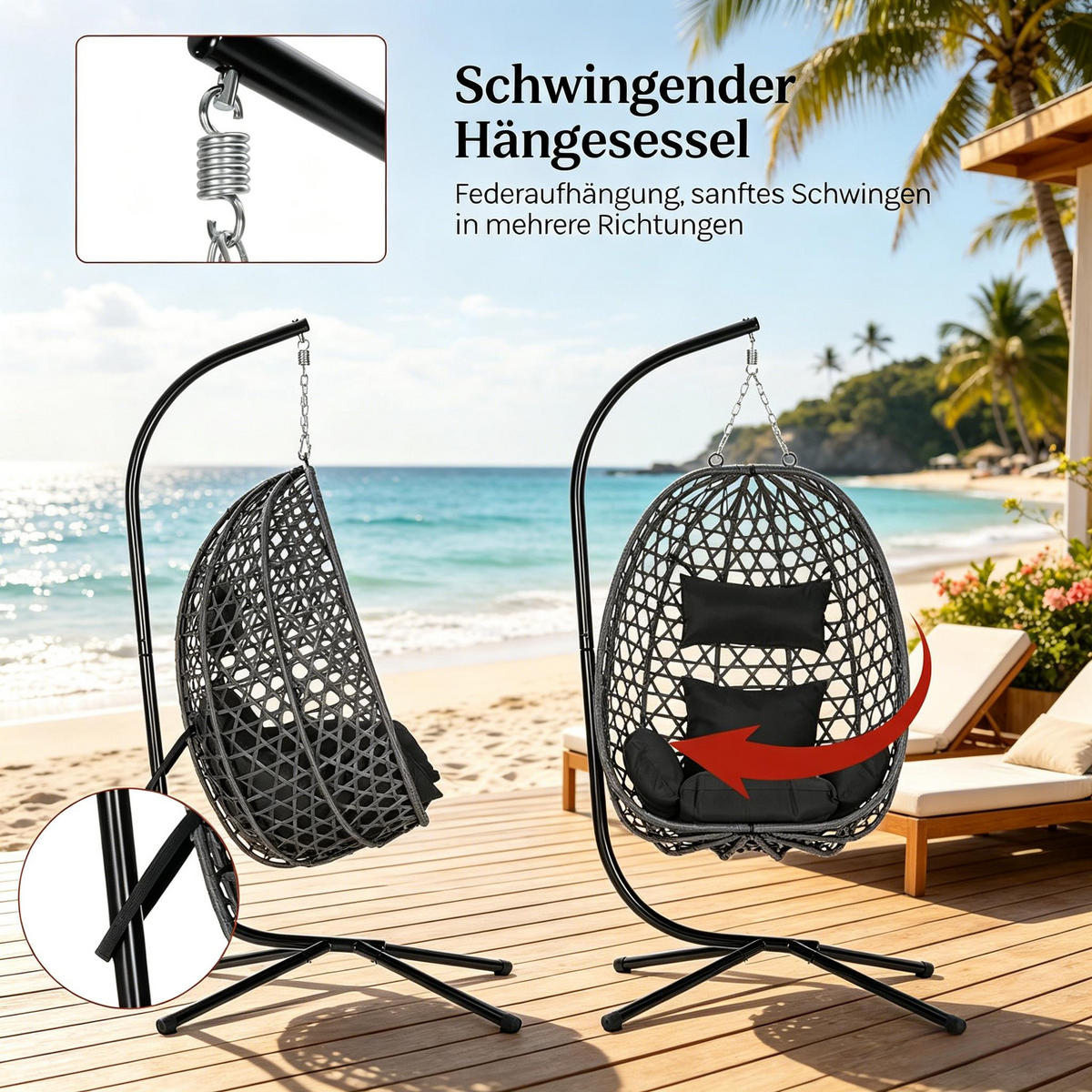 HÄNGESESSEL PE-Rattan höhenverstellbar, DE-42142, Anthrazit - Anthrazit, Metall (105/195/105cm) - ComfortXL