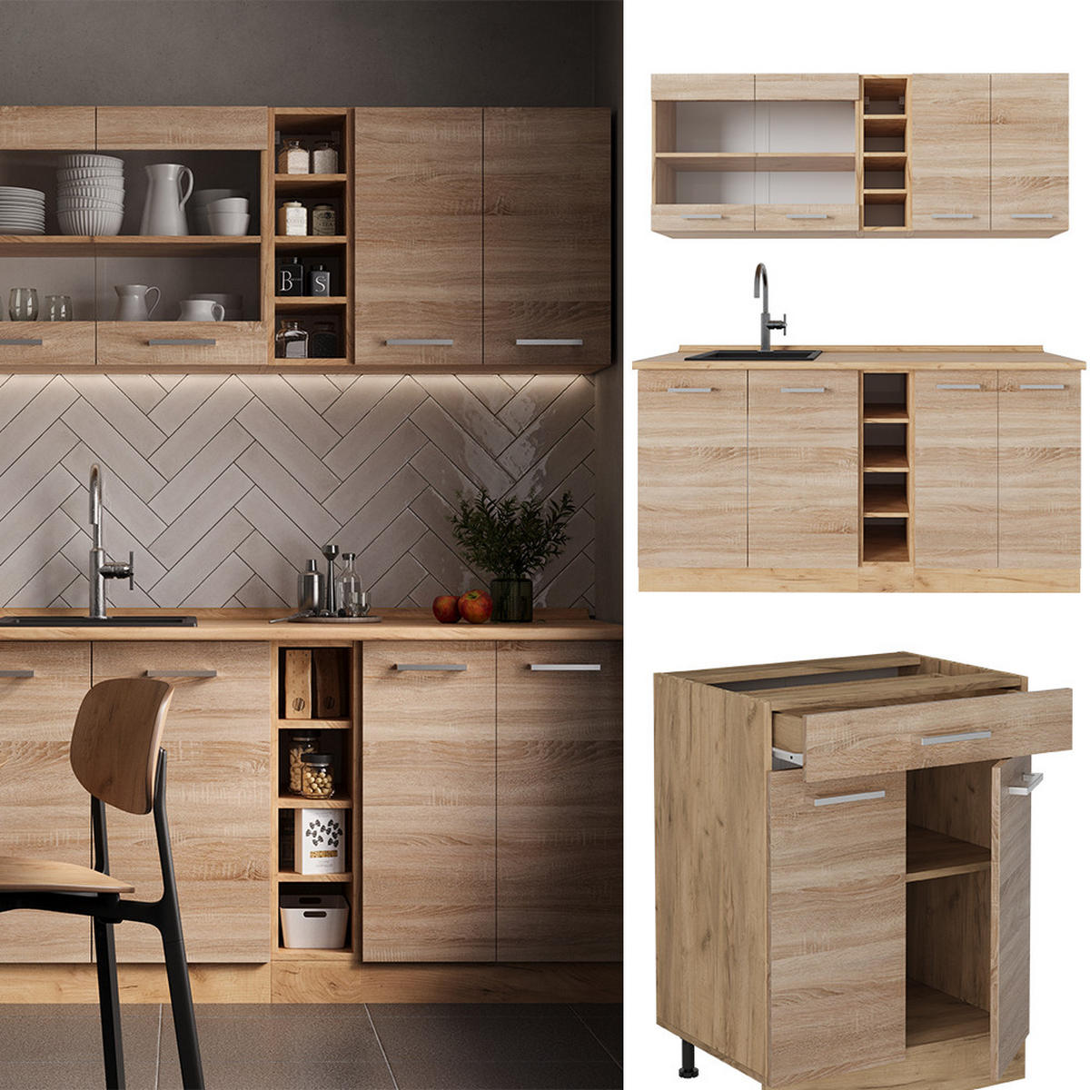 SINGLEKÜCHE R-Line Sonoma/Goldkraft Eiche 160 cm ohne Arbeitsplatte - Honigeiche/Sonoma Eiche, Holzwerkstoff (160/81.6/46cm) - Vicco