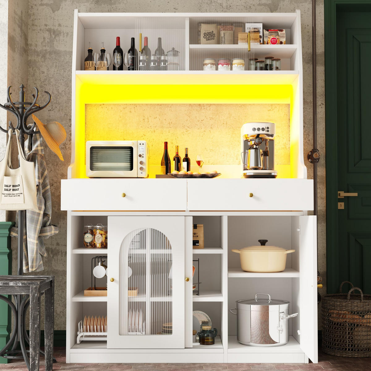 SKŘÍŇ na nádobí 120/40/180 cm bílá z MDF a dřevotřísky s LED osvětlením - bílá, kompozitní dřevo (120/180/40cm) - BEAOK