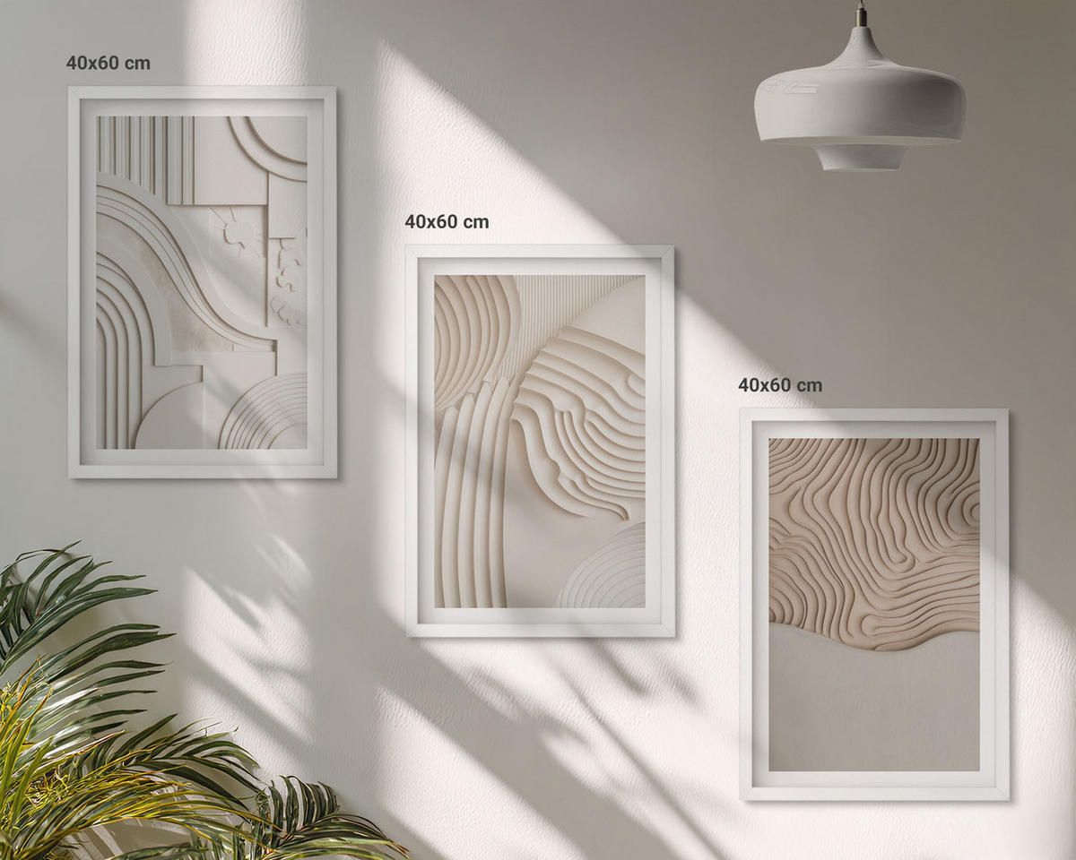 BILDER SET 3er Set - 40x60 cm Weißer Rahmen - Abstrakte Muster beige weiß - Weiß, Kunststoff (40/60cm) - TULUP