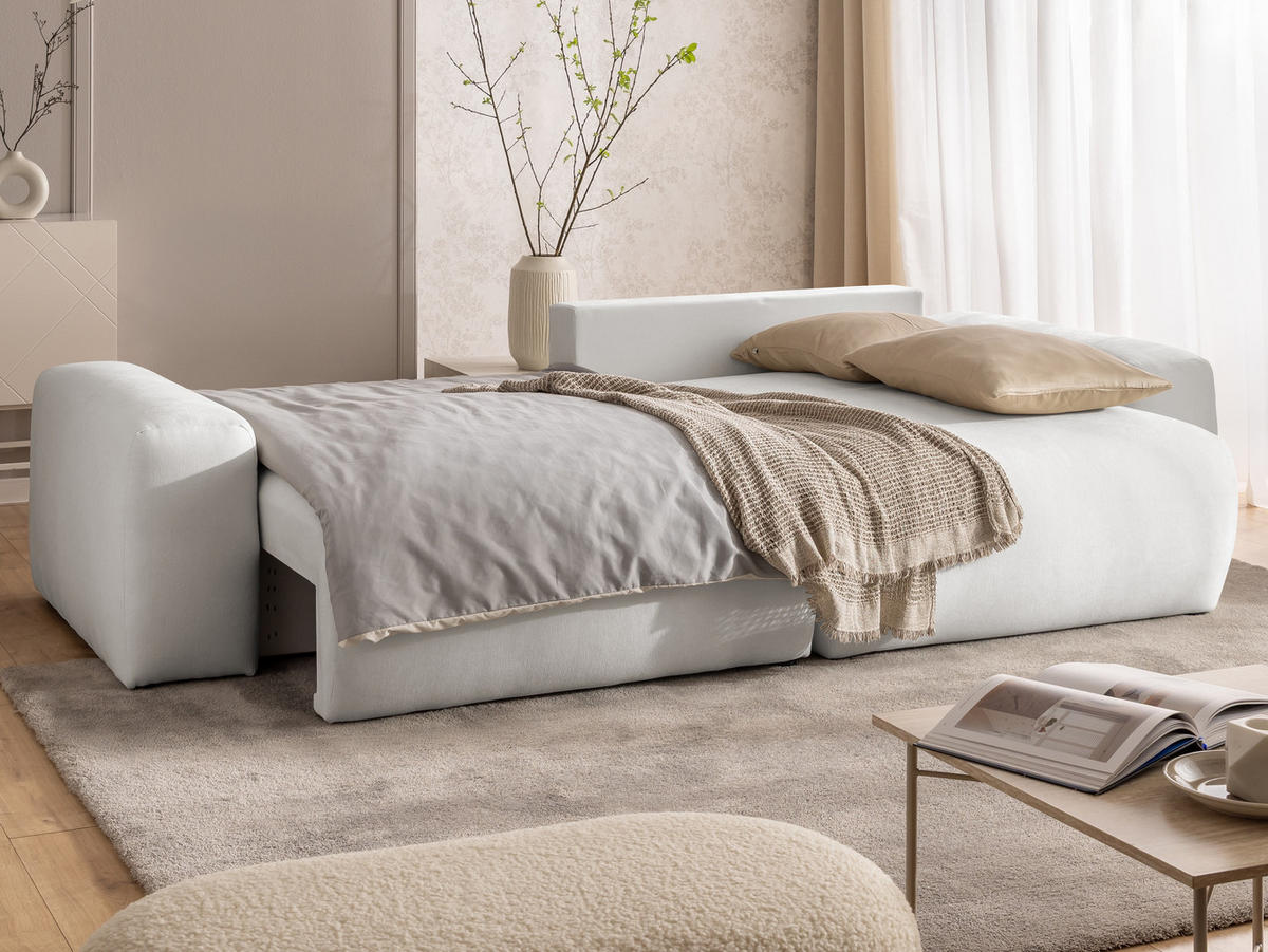 ECKSOFA Puffy mit Schlaffunktion und Bettkasten - besonders weich und puffig aus Creme Webstoff - Ottomane rechts - Creme/Schwarz, Holz/Kunststoff (266/138cm) - S-Style Möbel