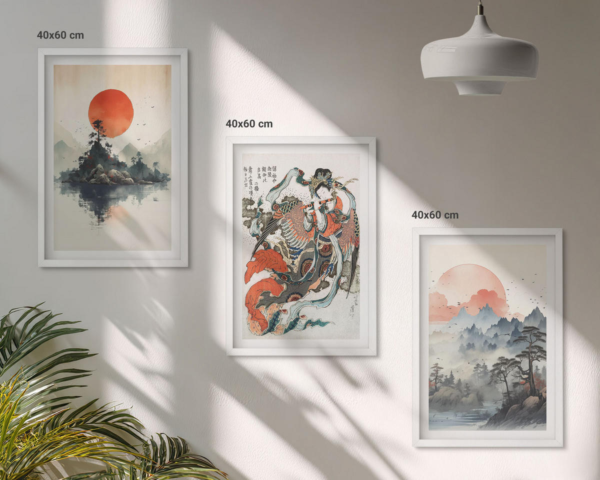 WANDBILDER 3er-Set - 40x60 cm Weißer Rahmen - Asiatische Japandi-Malereien - Weiß, Kunststoff (40/60cm) - ArtPrintCave