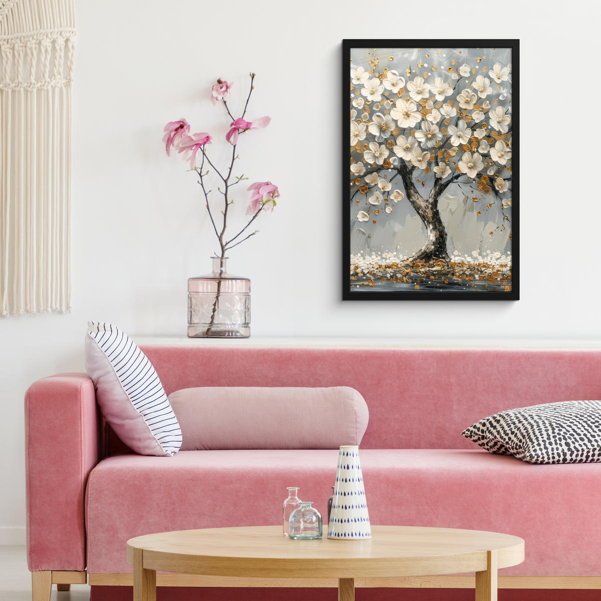 GERAHMTES BILD Baum - Blumen - Weiß - Natur - Kunst 40x60 cm - Weiß, Papier (40/60cm) - MuchoWow