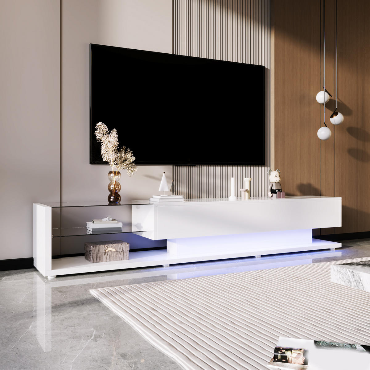 LOWBOARD in Weiß mit modernem Design und LED-Beleuchtung für Wohnzimmer, B170/T36/H38 cm - Weiß, Glas/Holzwerkstoff (170/38/36cm) - STILVORA