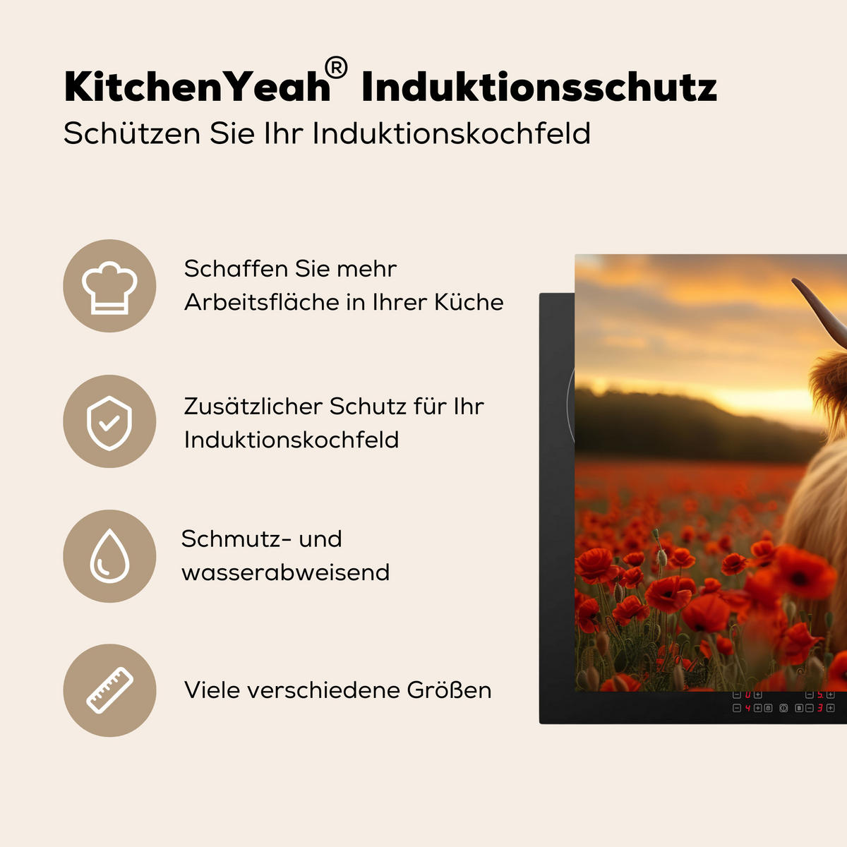 HERDABDECKPLATTE Schottische Highlander - Rosen - Blumenfeld - Sonnenuntergang Induktionsmatte 83x51 cm - Rotbraun, Kunststoff (83/51.5/0.2cm) - MuchoWow