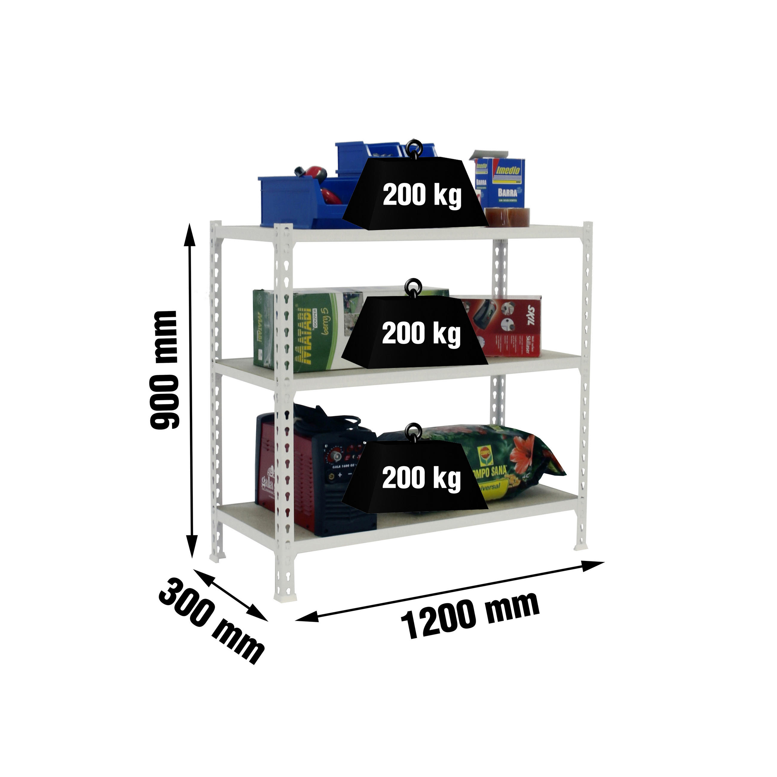 SCHWERLASTREGAL Baby Muli HxBxT 90 x 120 x 30 cm 3 Fachböden Fachlast 200 kg Weiß - Weiß, Metall (120/90/30cm) - PROREGAL
