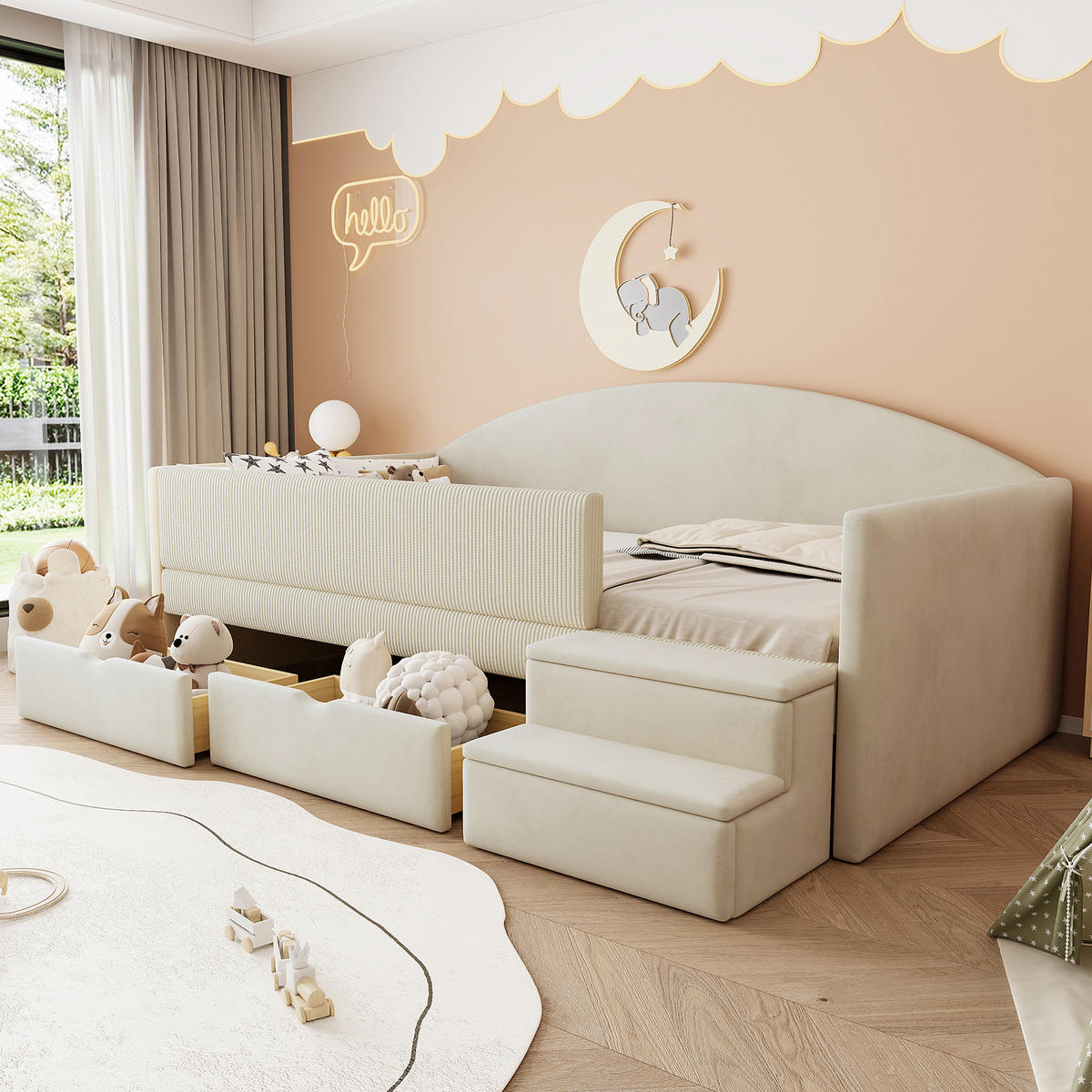 KINDERBETT 90/190 cm in Beige Samt mit 2 Schubladen und Stufen - Beige, Holzwerkstoff/Textil (90/190cm) - WISHDOR