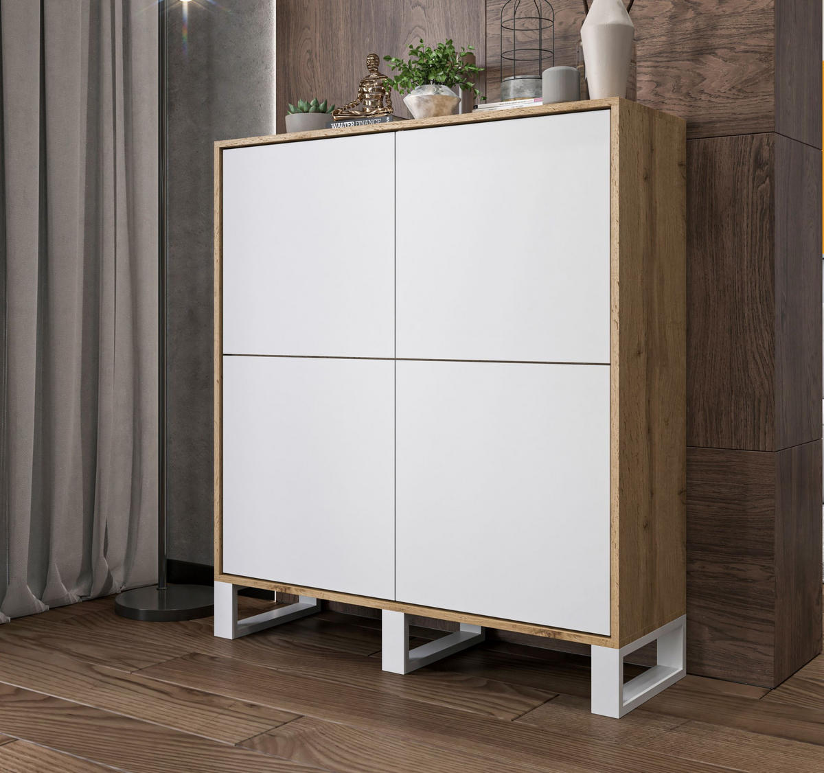 KOMMODE Apollo 4D Eiche wotan Weiß Matt mit metallbeinen 113 cm - Weiß, Holzwerkstoff/Metall (113/127/35cm) - Meble Lindner