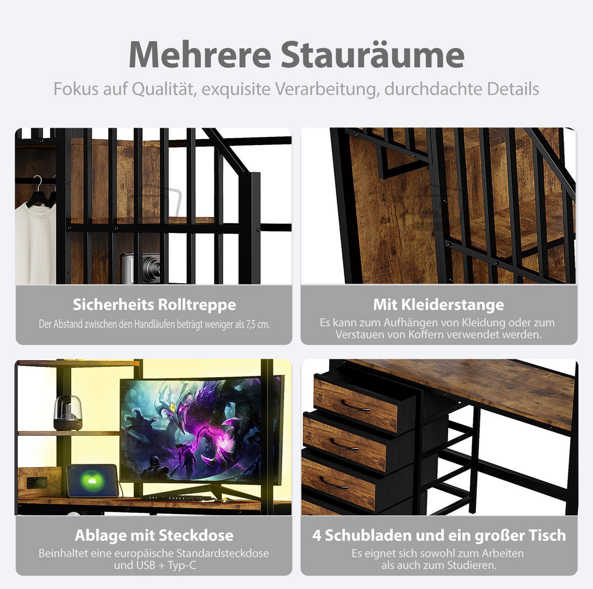 HOCHBETT 90/200 cm, Schwarz mit Schreibtisch, Ablagefächern, LED und Steckdose - Schwarz, Metall (90/200cm) - MIVRAY