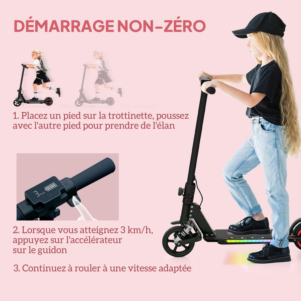 KINDERSCOOTER DE-16987 klappbar 120 W 10 km/h Pink - Schwarz, Metall (78/32/92cm) - ComfortXL